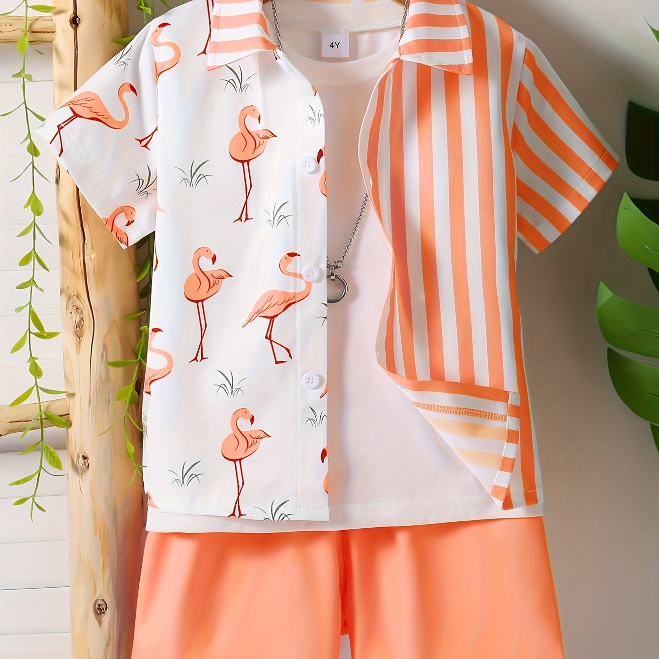 1 Set (2pcs) - Youngsters' Flamingo Print Short-sleeved Shirt and Shorts Set - A Cute And Stylish Summer Outfit Suitable for Daily Wear And Beach Vacations for Youngsters (White T-shirt Excluded), for Outdoor