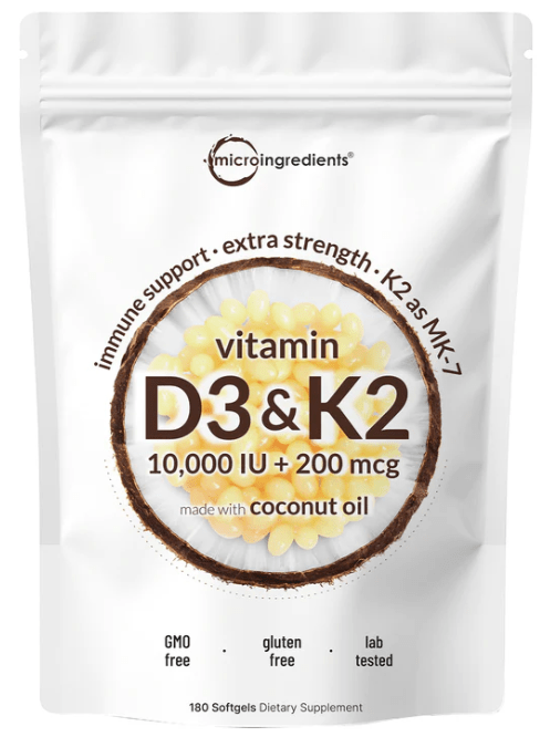 Micro Ingredients, Vitamin D3 10000 iu Plus K2 (MK-7) 200 mcg, 180 Virgin Coconut Oil Softgels| 2 in 1 Vitamins D & K Complex | Supports Calcium Absorption, Bone, Immune, & Heart Health – Easy to Swallow | Local Warehouse