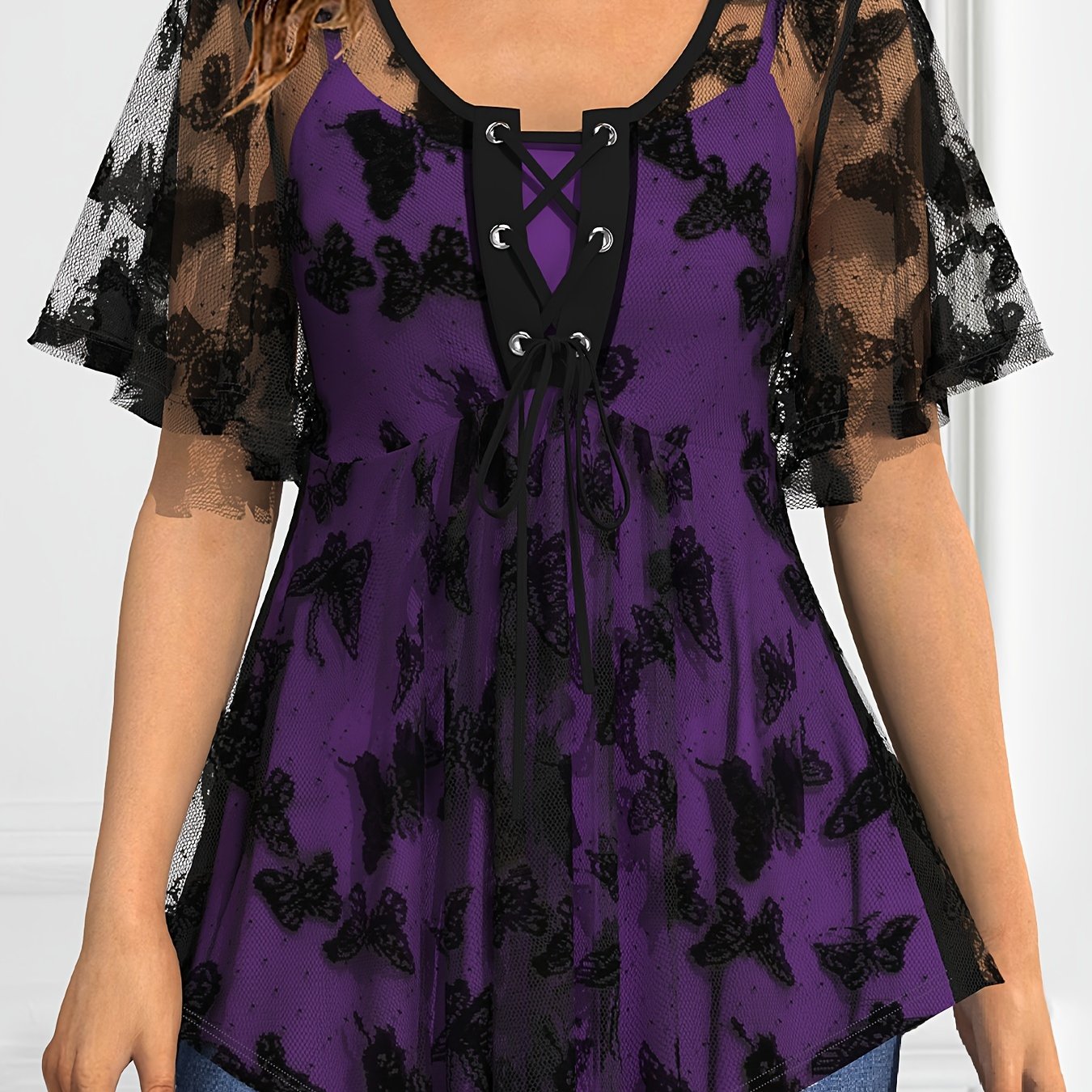 Plus Size Elegant Lace Up Butterfly Pattern Short Sleeve Top, Women's Clothing