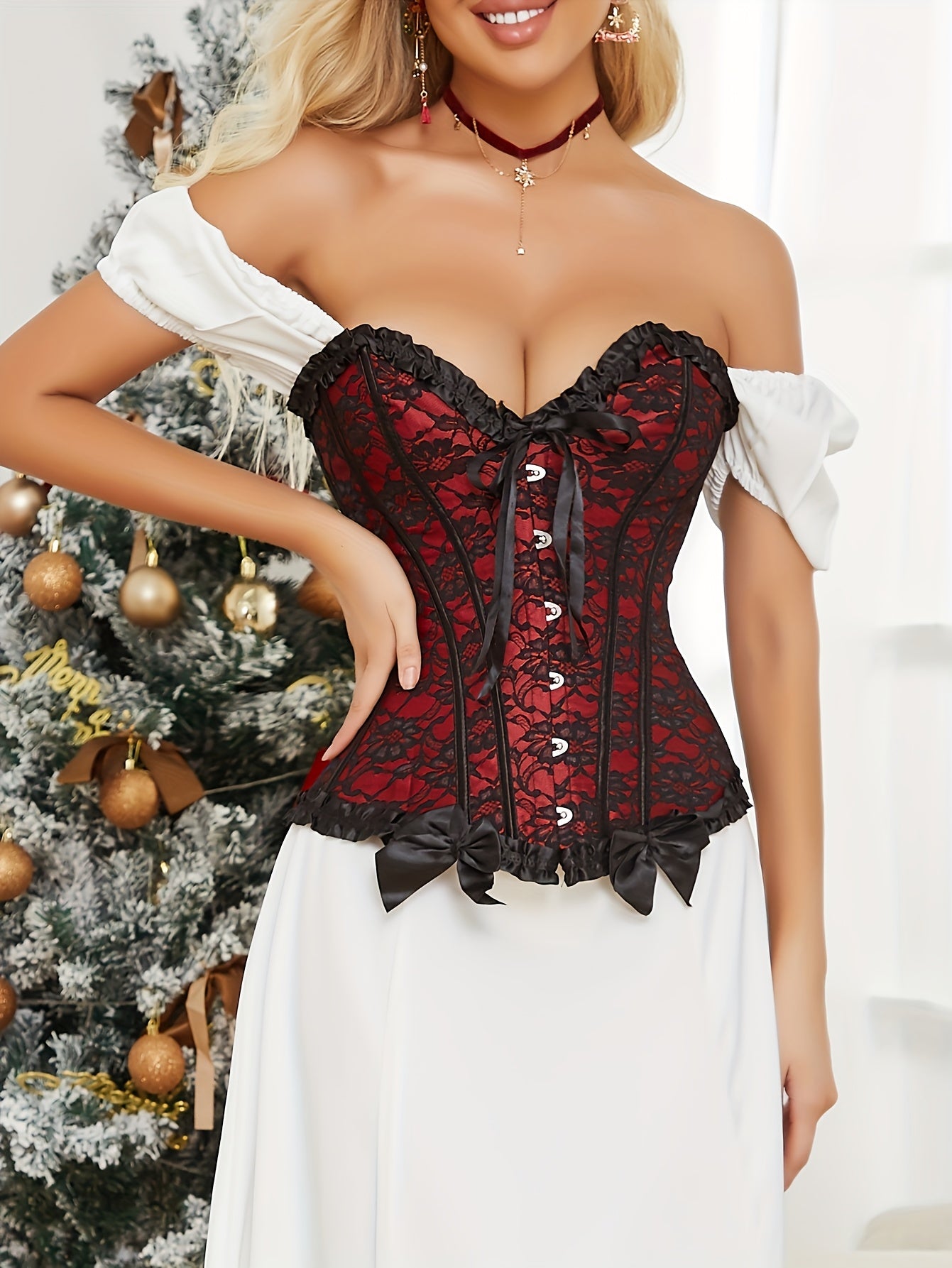 Elegant Red Corset Top with Lace & Bow Details - Polyester, Knit Fabric, Light Support, No Padding, Perfect for Formal Events & Parties, Formal Wear|Elegant Corset|Knit Construction