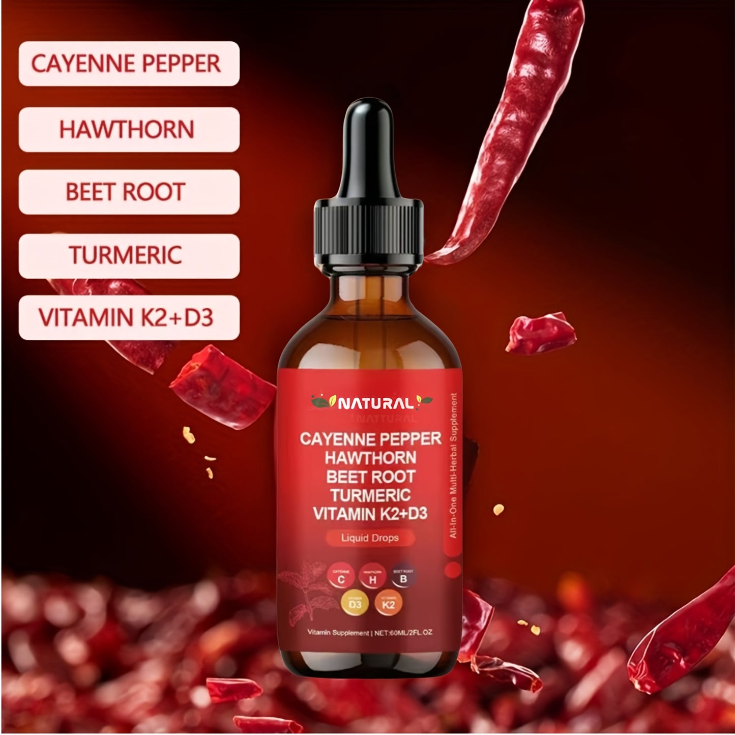 Vitamin K2 D3 Cayenne Pepper Liquid Drops, Beet Root, Turmeric, Ginseng, Ceylon Cinnamon, Daily Wellness Supplement, Allergy Friendly, 2.03oz,Mother's Day gift to mother