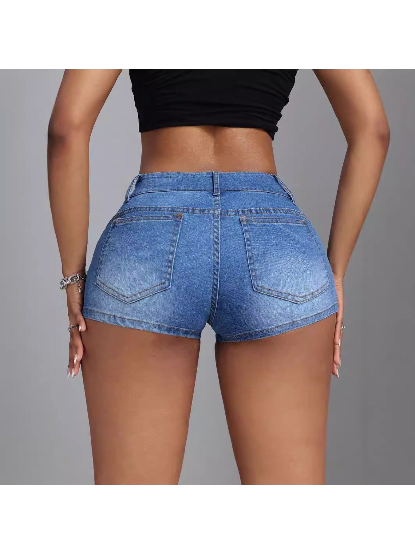 Women's Low-Rise Beaded Denim Shorts - Stretch Short Waisted Summer Shorts Suitable for Casual & Dressy Outfits - Slimmed Water-Wash Denim Shorts (Hand Washable)