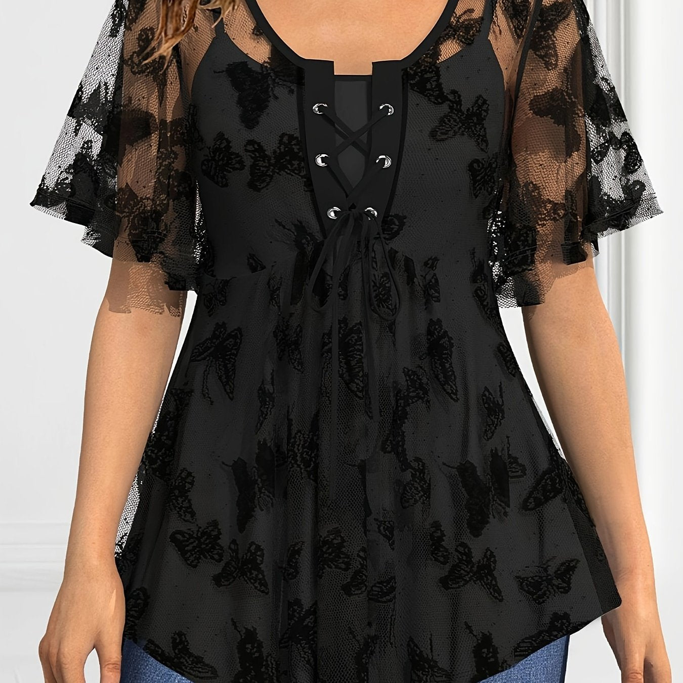 Plus Size Elegant Lace Up Butterfly Pattern Short Sleeve Top, Women's Clothing