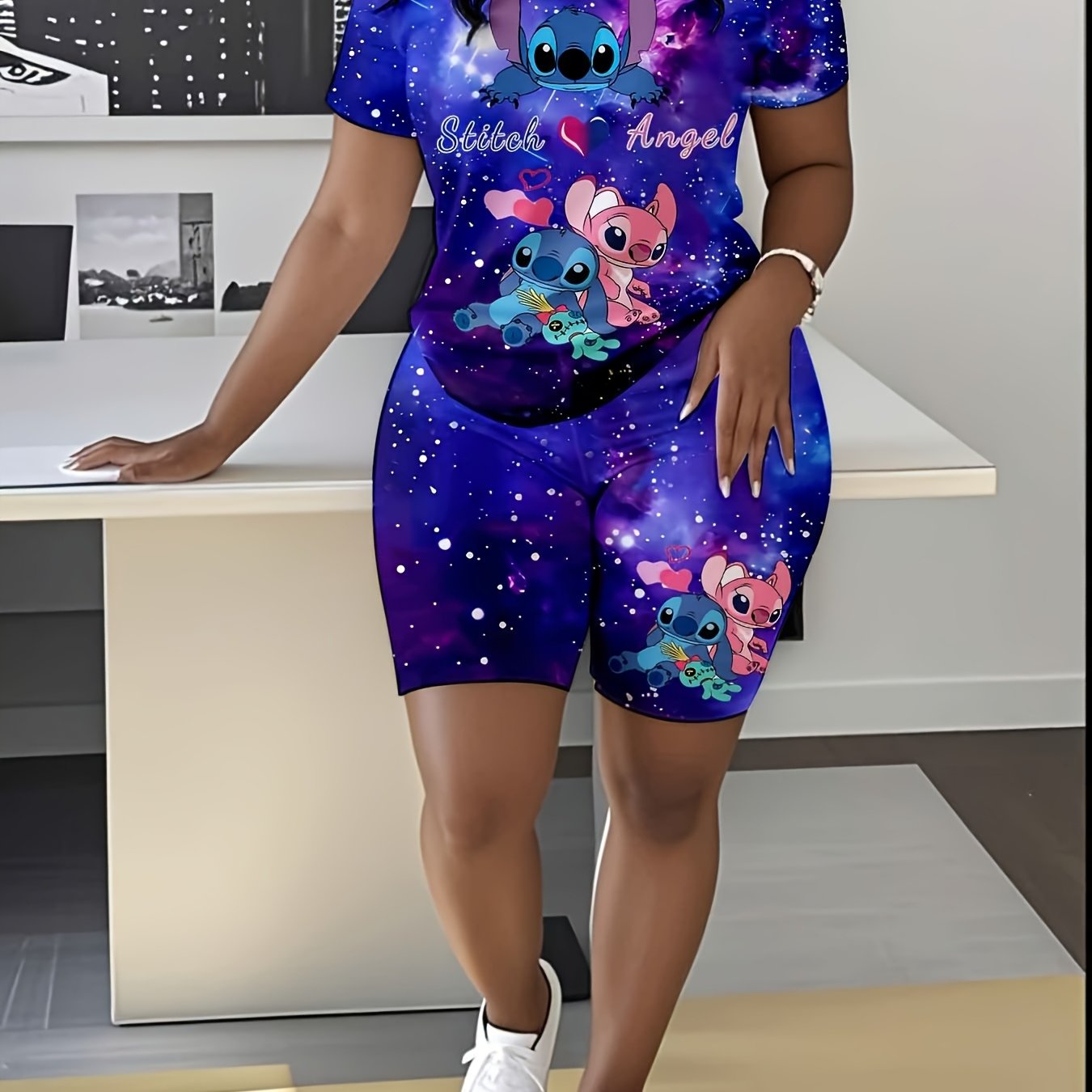 Plus Size Diseny Stitch Mouse Two Piece Women'S Sports Set, Short Sleeve Crew Neck Top And Sports Shorts Set, Women'S Plus Size Suit, Loose Comfortable Sports Set