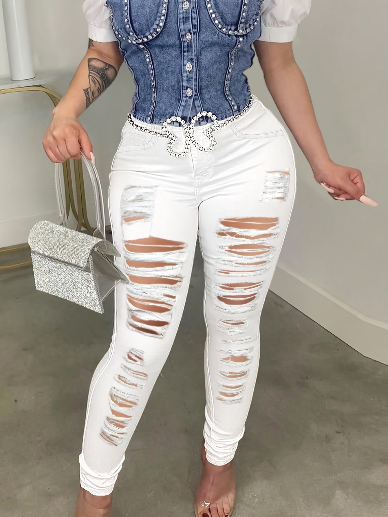 Ladies' Ripped Denim Pants - Fashionable, Practical, Elastic Leggings with Zipper Design | Daily Wear