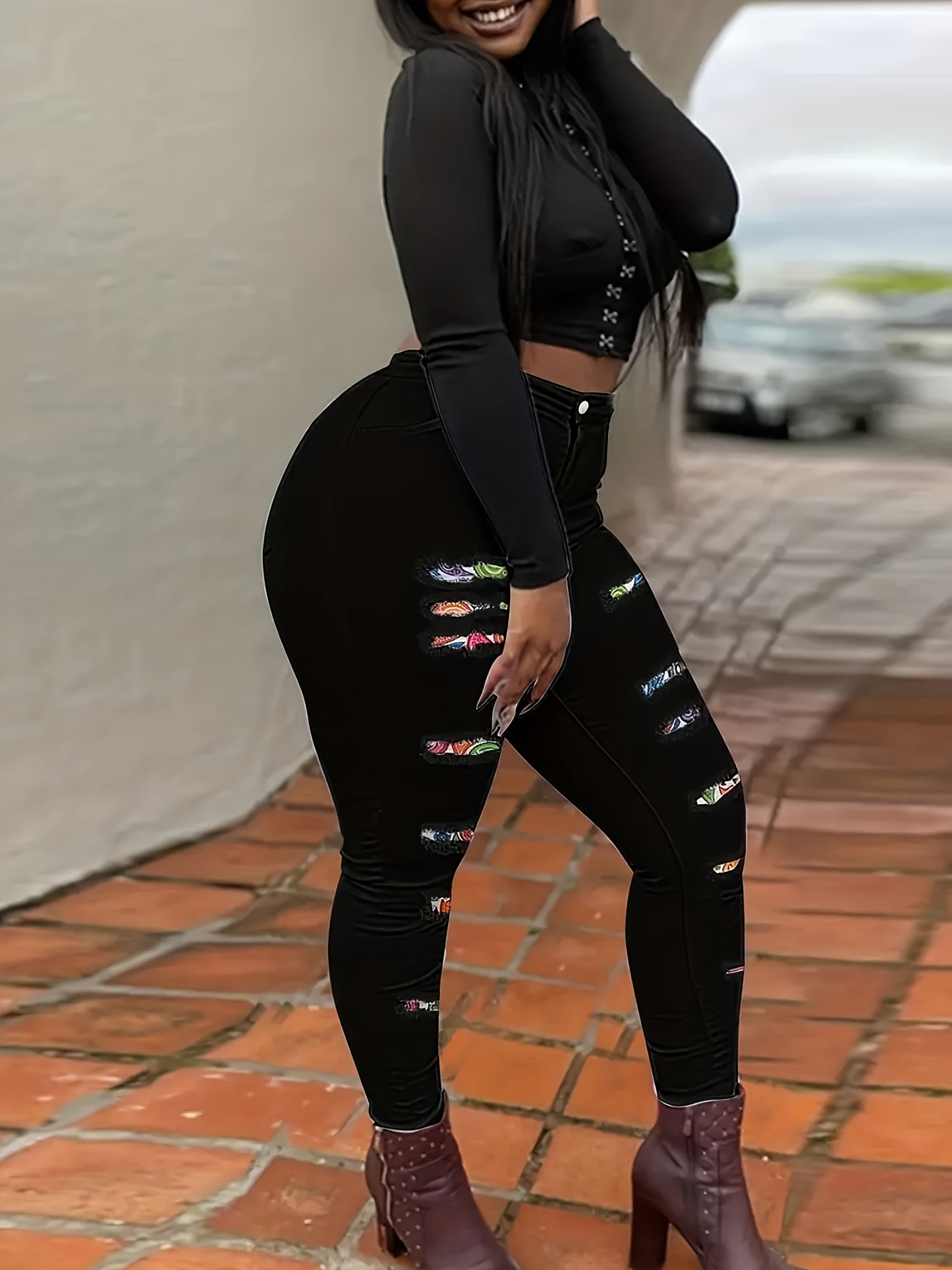 Women's Plus Size Casual Skinny Printed Patchwork Ripped Denim Jeans With Stretch, Full Length Pencil Pants, Fashion Printed Trousers
