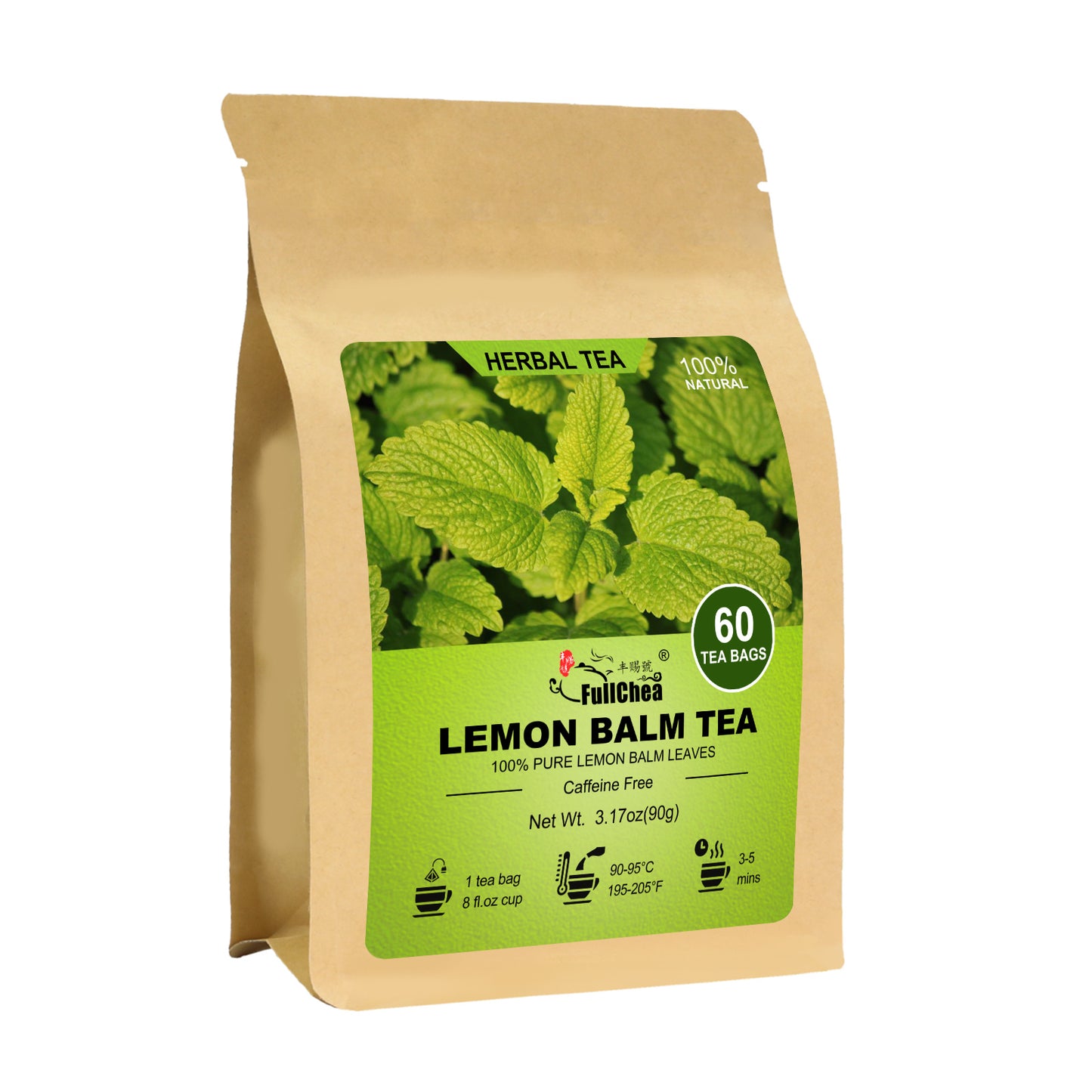 FullChea - Lemon Balm Tea Bag, 60 Teabags, 1.5g/ bag - Premium Lemon Balm Herb - Melissa Officinalis - Caffeine-free