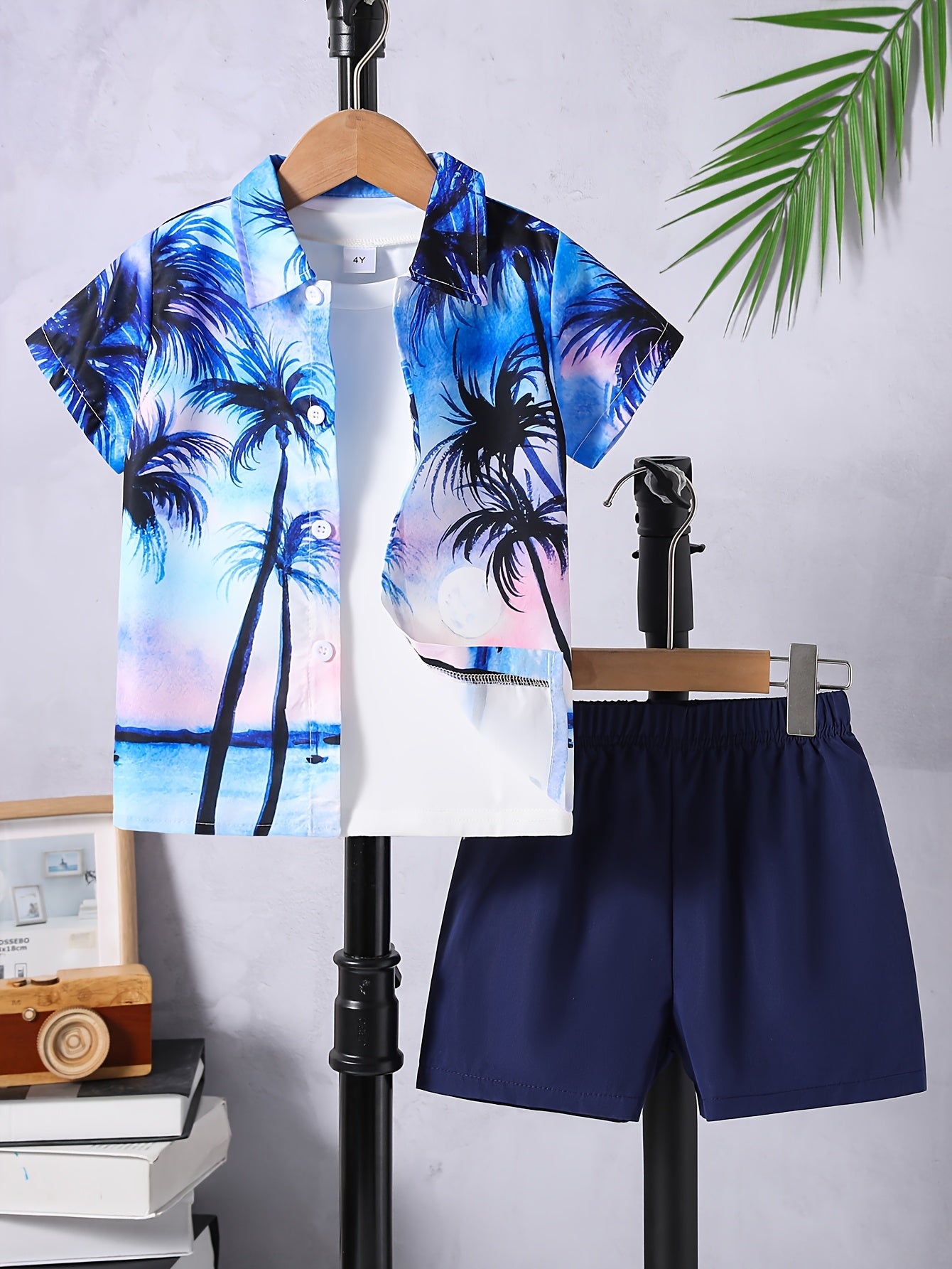 1set (2pcs)-Kids Boys Blue Tropical Beach Scene Print Short Sleeve Shirt And Shorts Set For Beach & Summer Activities (Excluding White T-shirt), for Outdoor