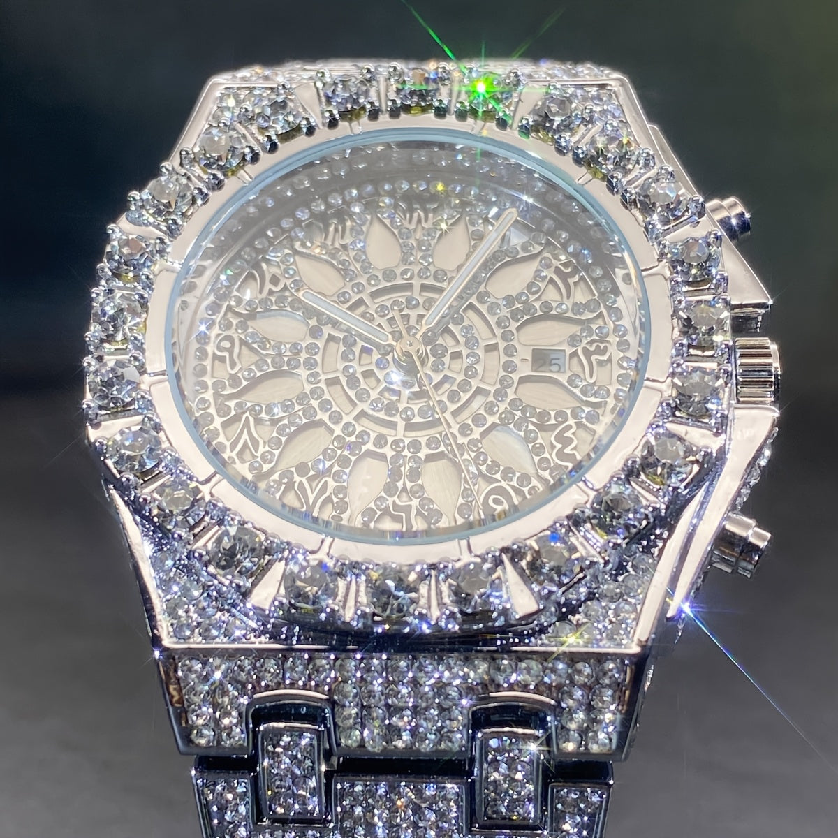 MISS FOX Men'S Luxury Golden-Tone Rhinestone-Encrusted Dual-Layer Openwork Dial Quartz Watch with Luminous Hands & Date Calendar - Party & Casual Elegant Watch for Festive Occasions, Festive Watch | Rhinestone Embellished | I
