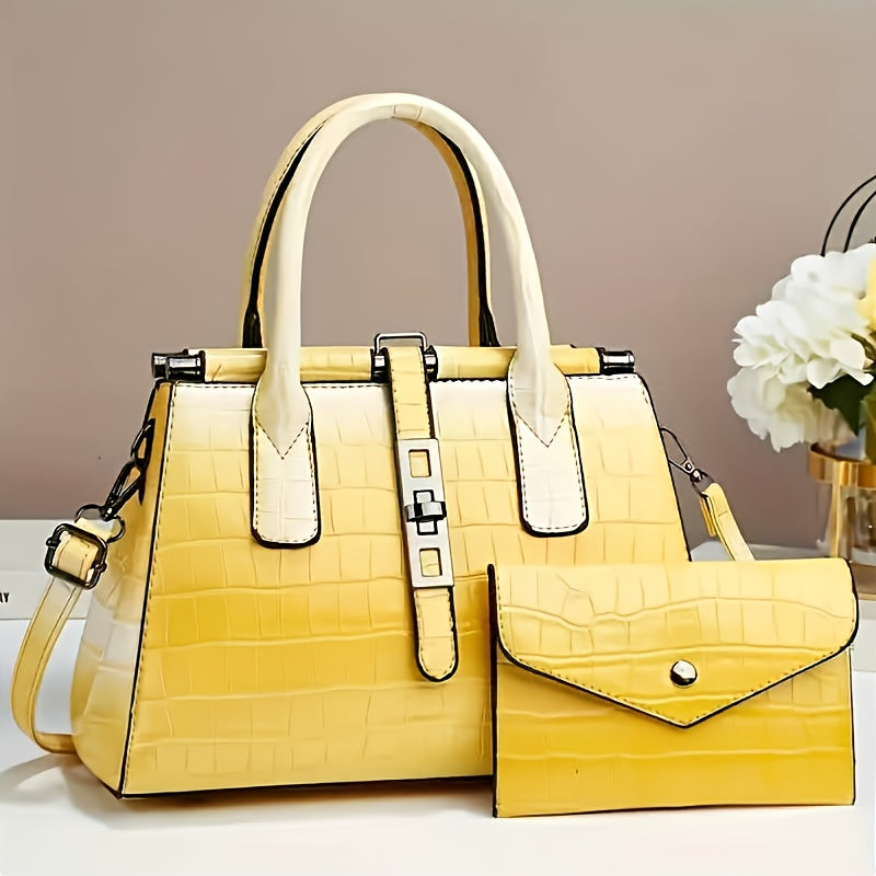 The New Women'S Bag 2025 Fashion Bright Faux Leather Crocodile Print Senior Large Capacity Single Shoulder Crossbody Handbag Two-piece Set