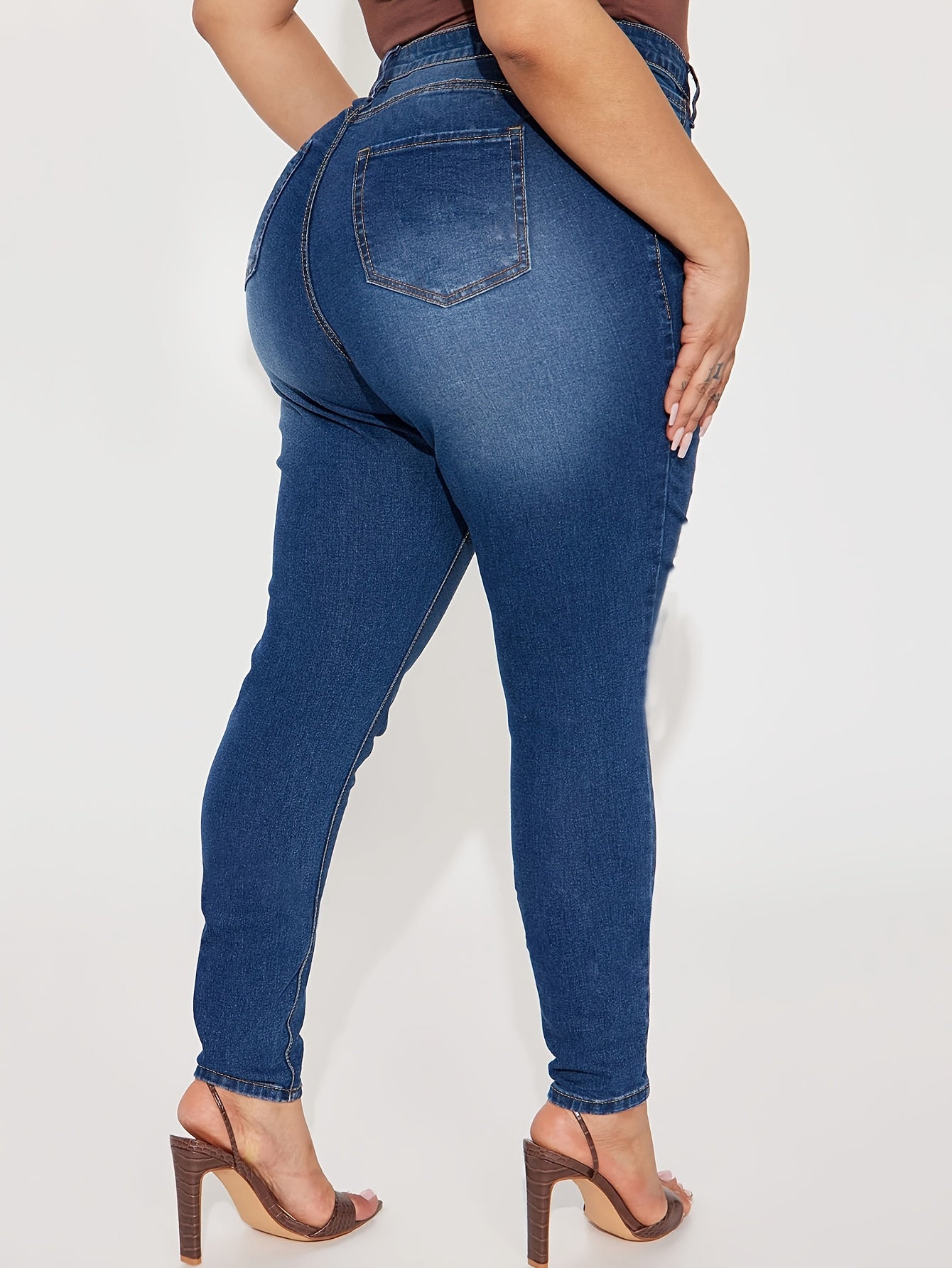 Plus Size Casual Jeans, Women'S Plus Washed Ripped Button Fly Fringe Trim High Stretch Skinny Jeans