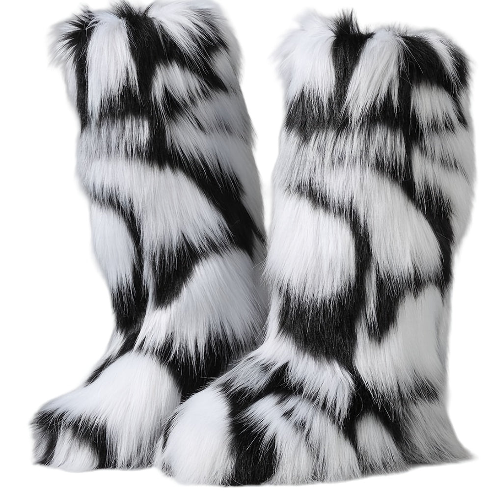 Warm Furry Winter Boots AMINUGAL Women's Warm Furry Winter Boots Slip-On Mid-Calf Boots with Thick Cushioned Sole, PU Lining & Round