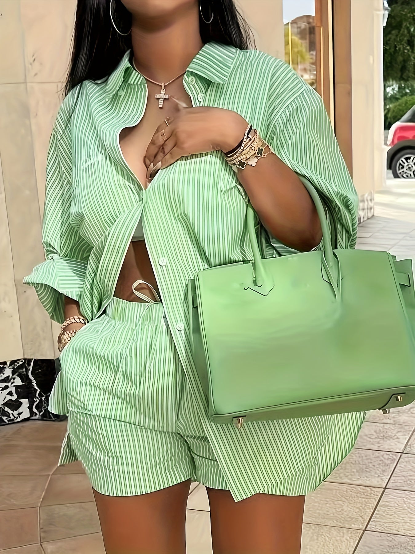 Plus Size Women's Chic Striped Print Two-Piece Set-Long Sleeve Button Shirt and Elastic Waist Shorts with Pockets, Perfect for Spring and Summer Fashion Casual Outings