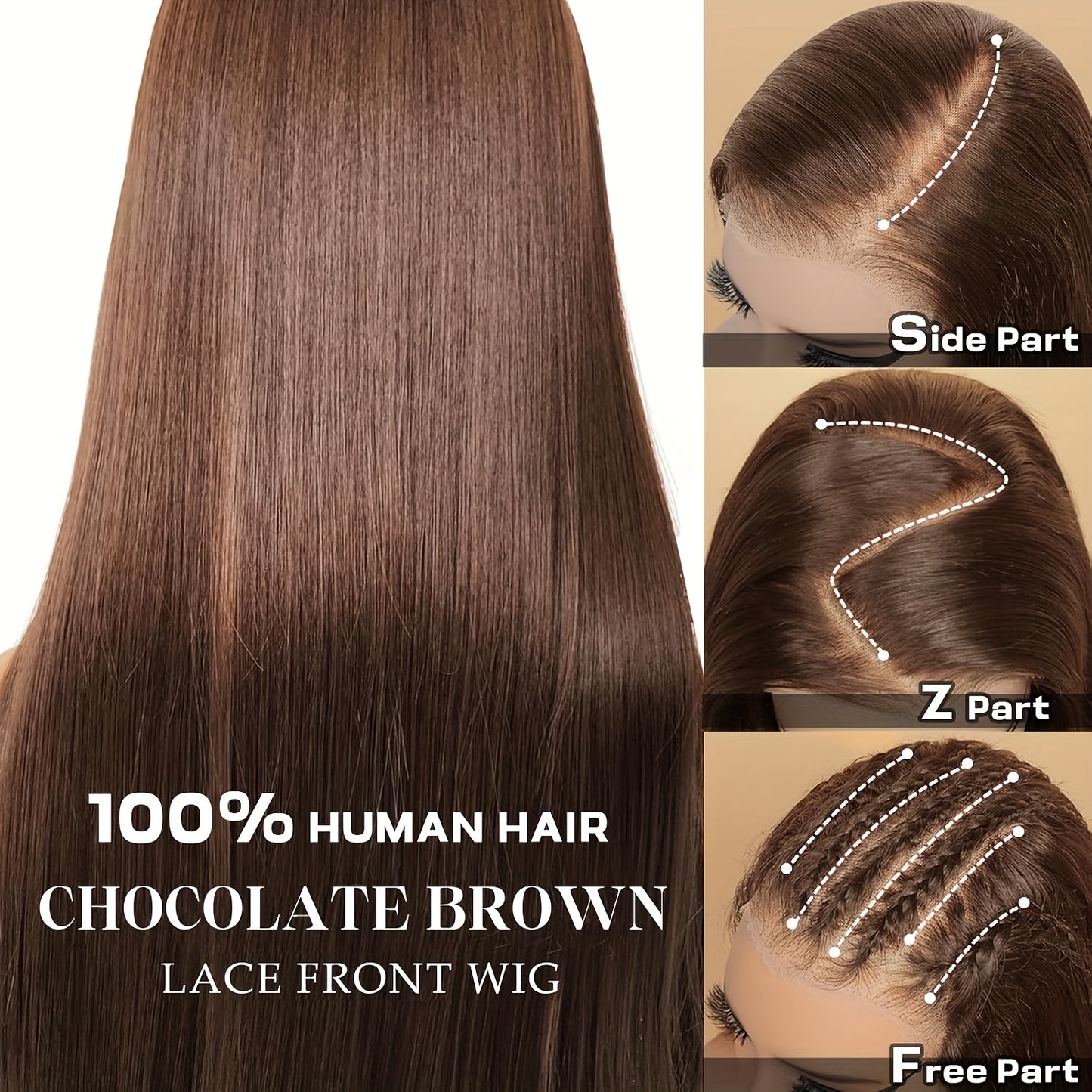 Chocolate Brown Straight Lace Front Wig - 13x4 HD Transparent Human Hair, 200% Density, Pre-Plucked with Baby Hair, Glueless Design for a Sleek, Natural Look