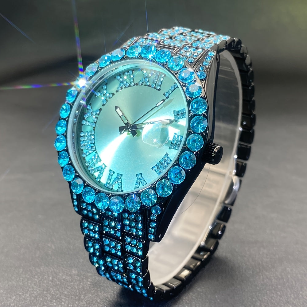 Luxury Ice Blue Rhinestone Quartz Watch for Men & Women - Sparkling Rhinestone-Encrusted Dial, Alloy Case & Band, Date Calendar Display, Battery-Powered Round Party Watch for Mardi Gras, Ramadan, Spring Festival Gifts, Bling