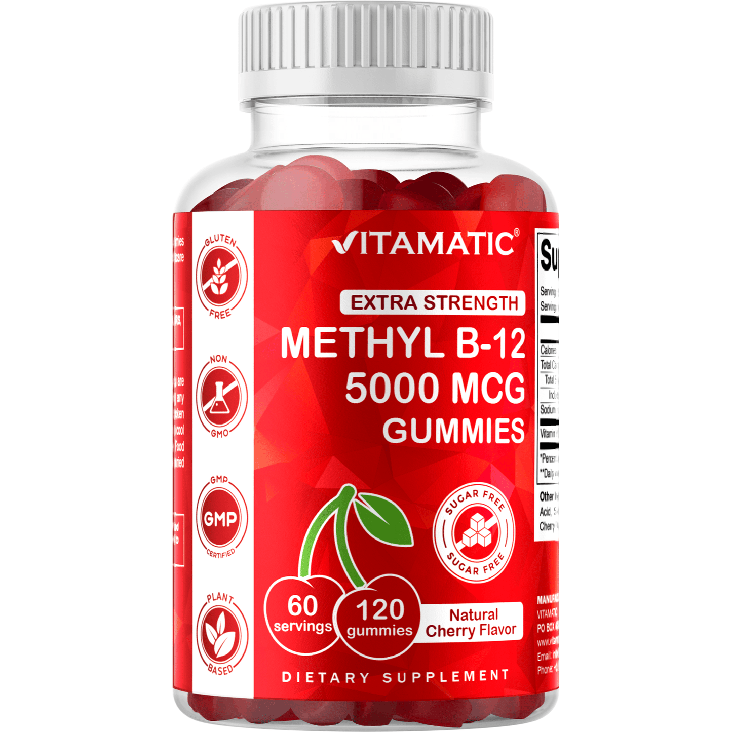 Vitamatic Extra Strength Vitamin B12 5000 mcg (Methyl B12) Gummies - 120 Count - Natural Cherry Flavored