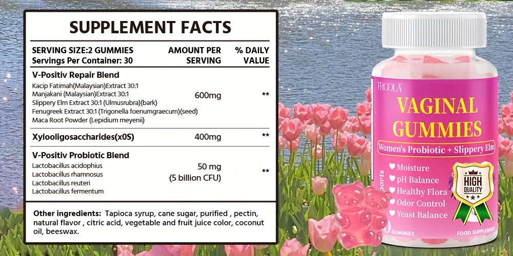 Feminine Private Care Gummies - Natural Hydration, Comfort, Elasticity, And Balance - 30 Servings with Kacip Fatimah, Fenugreek, Slippery Elm Bark, Manjakani, And Maca Root, V-Positiv Probiotic Blend