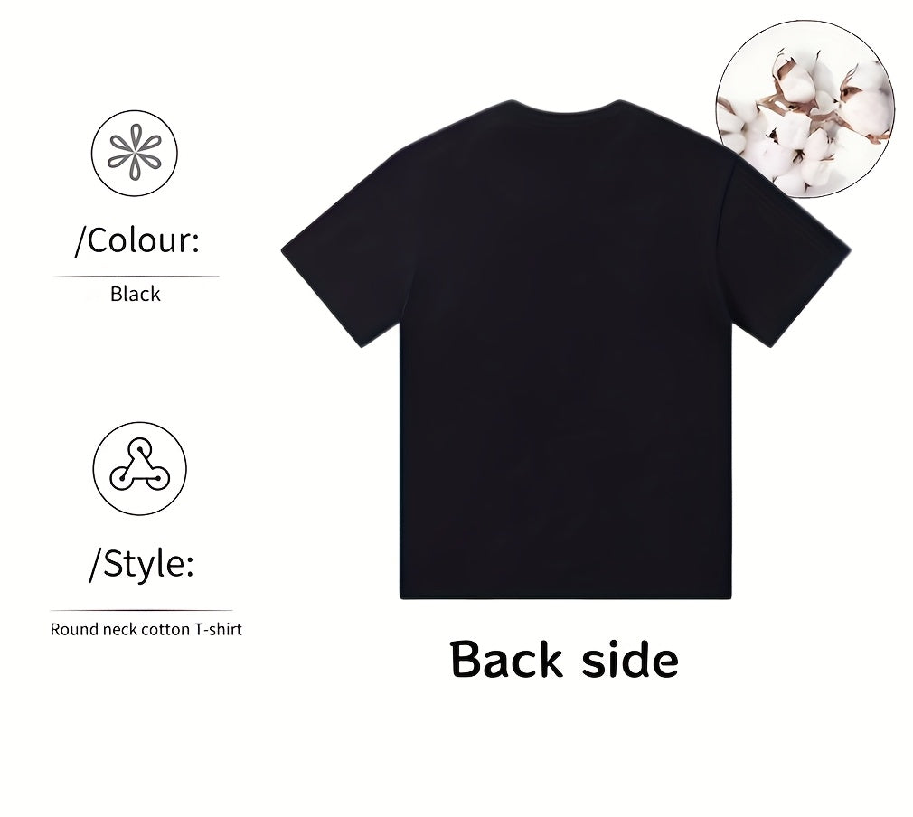 2025 Graffiti-Style Men's T-Shirt - TRAP CITY Text & Anime Graphic Print, Black Crew Neck, 100% Cotton, Breathable & Comfortable, Regular Fit Casual Top for Daily Wear, Comfortable Streetwear, Urban Anime Apparel