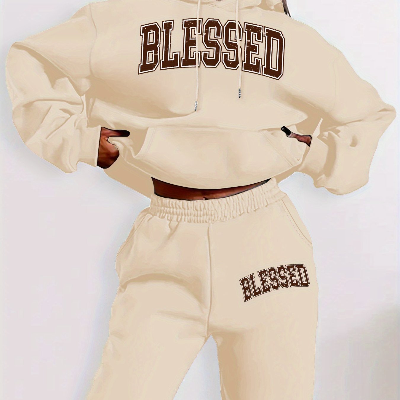 Women'S Casual Two-Piece Set - "Blessed" Print Hoodie & Sweatpants, Cozy Fall/Winter Outfit with Drawstring Waist, Long Sleeve Pullover & Joggers, Casual Wear, |casual Style|drawstring Waistband, Sweater Set