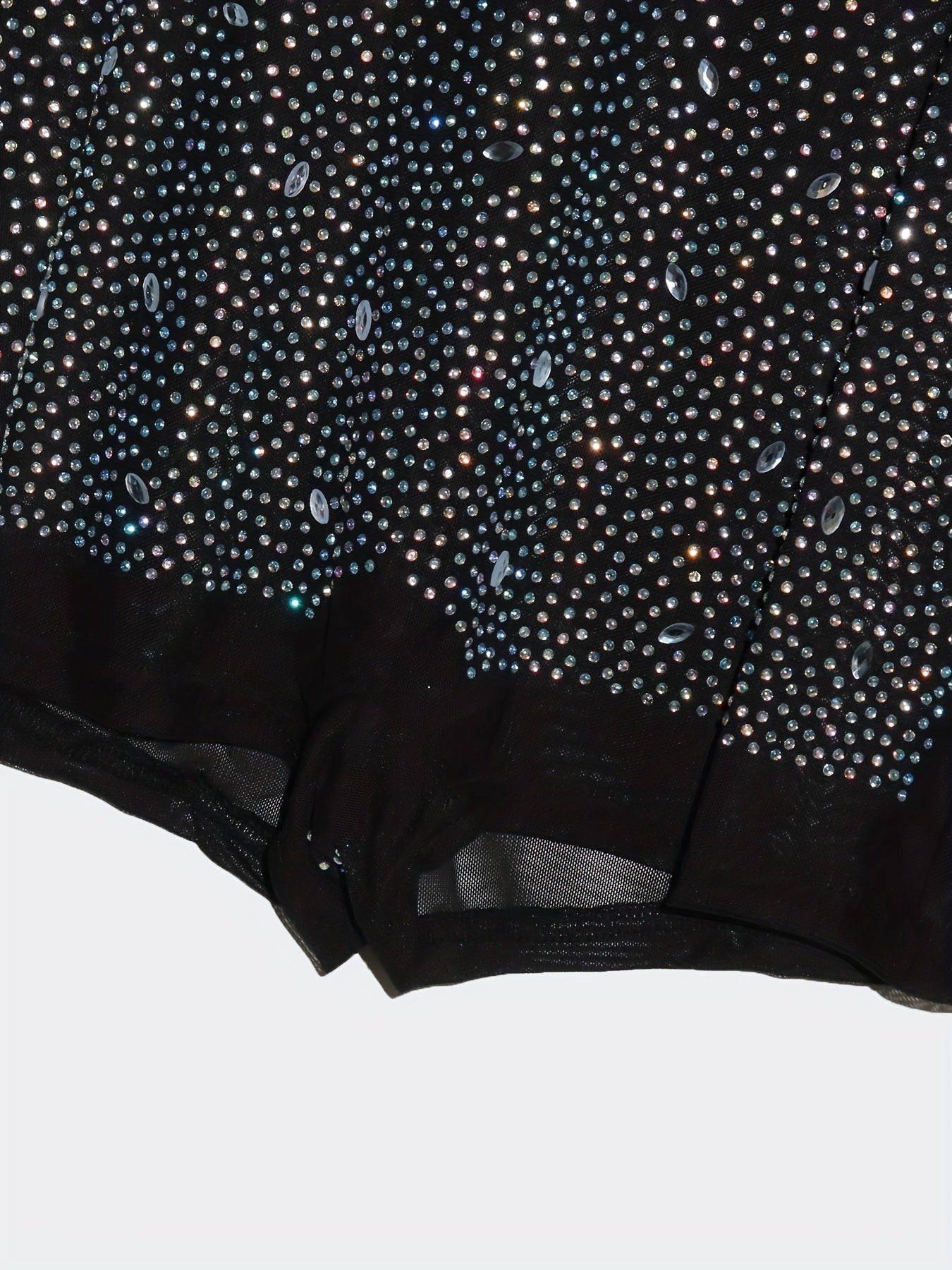 Women's Sexy Sparkling Rhinestone Mesh Jumpsuit - Long Sleeve Tight-Fitting Shorts with Crisscross Top, Semi-Sheer All-Season Party & Night Out Outfit, Nightclub Attire, Bodycon Style, Rhinestone Embellishments