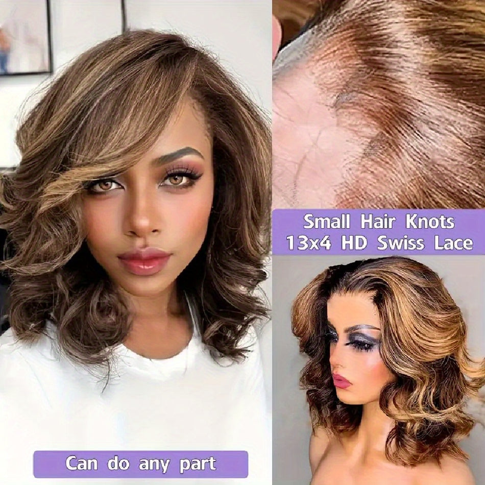 Ombre Honey Blonde 13x4 HD Glueless Lace Front Wig - 12 Inch Short Body Wave Human Hair Wig for, Pre-Plucked with Baby Hair & Bleached Knots, 250% Density, 4/27 Mixed Color, Fashion Accessory