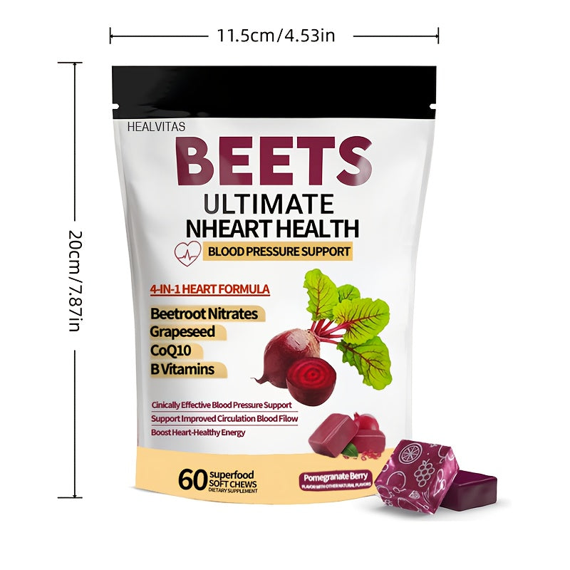 1/2pcs 4-in-1 Super Beetroot Gummies with CoQ10, Beetroot & Grapeseed - Blood Pressure & Heart Health Support, 60 Chewable Vitamins for Circulation, Blood Flow & Endothelial Function, Natural Fruit Flavor, One Month Supply (M
