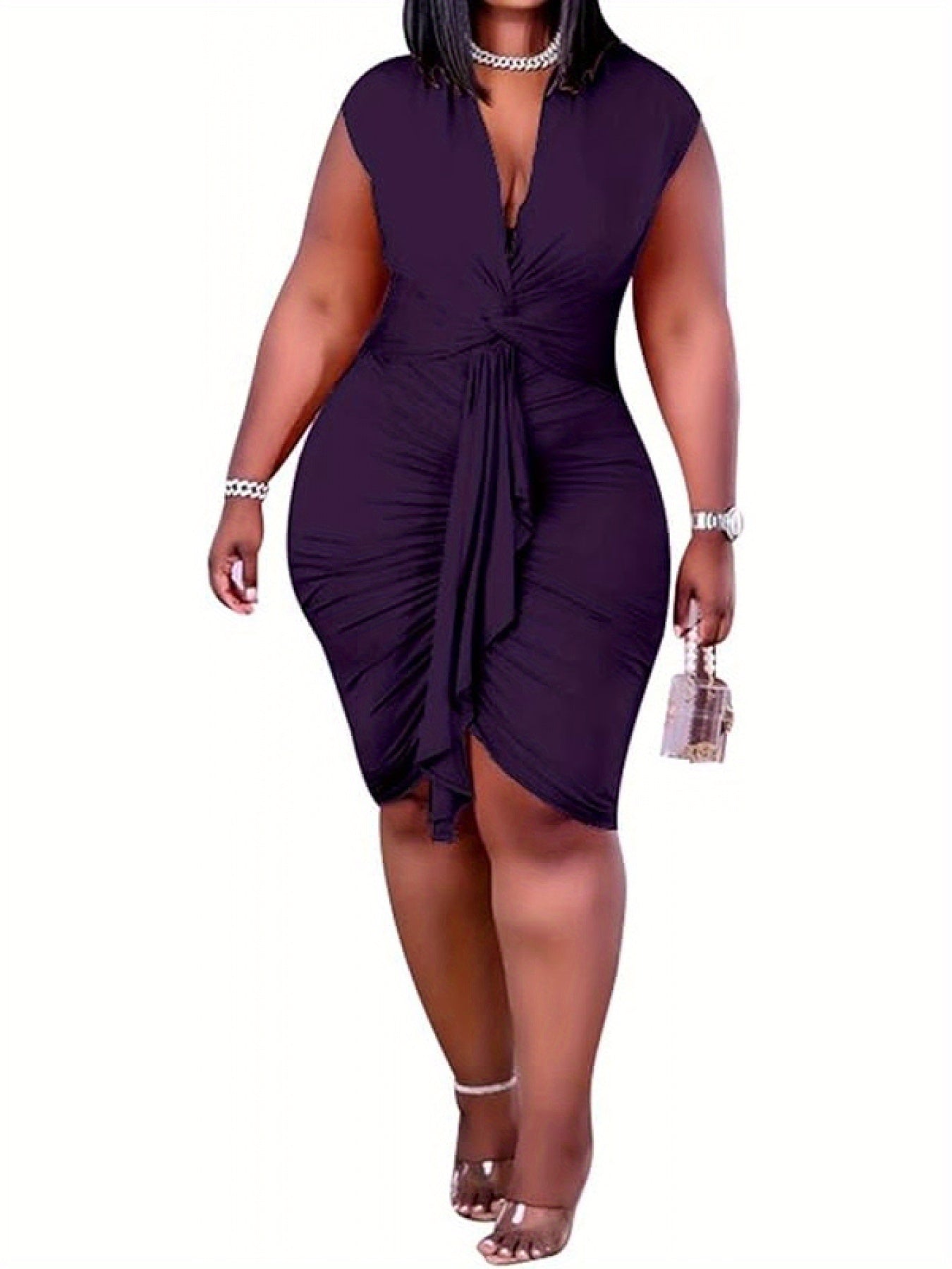 Plus Size Women's Bodycon Mini Dress - Sleeveless V-Neck Ruched Waist with Adjustable Drawstring, Stretchy Polyester-Spandex Blend, Sexy Elegant Clubwear for Parties & Night Out, White/Pink/Black Colors, Special Occasion Wear