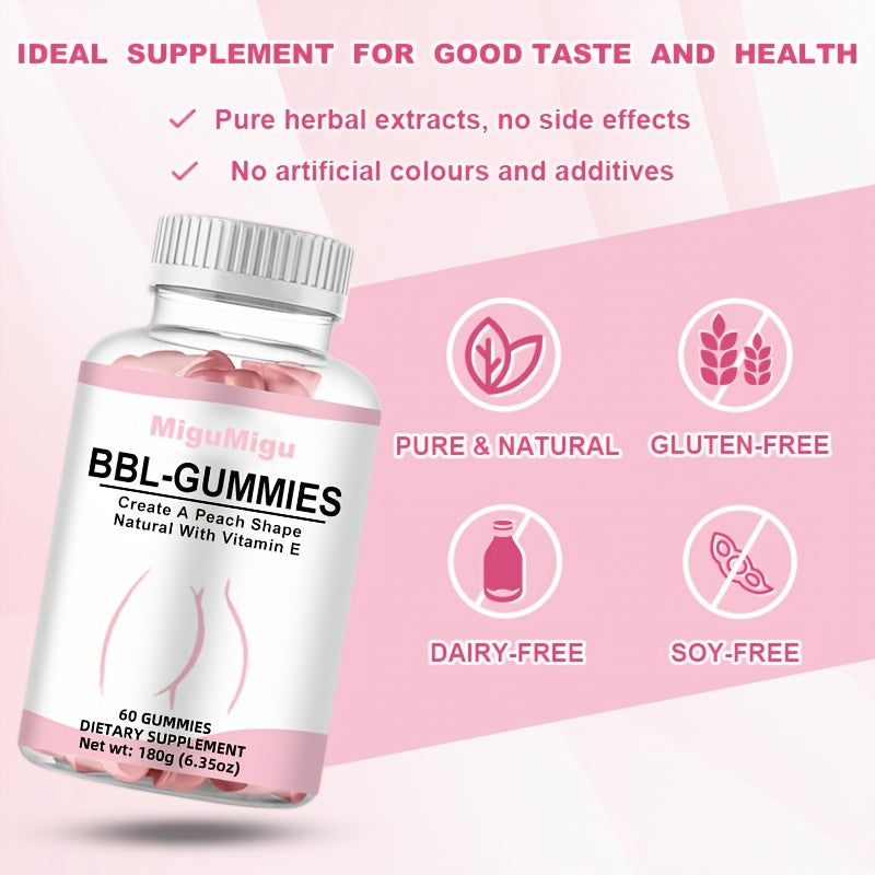 60pcs MIGUIGI BBL-GUMMIES Peach-Shaped Vitamin E Supplement Gummies for Women - Firming & Lifting, Fuller, Smoother Buttocks, Multi-Vitamin Enriched, BPA-Free, Delicious 30-Day Supply, Curve Enhancement|Peachshaped Gummies|Ta