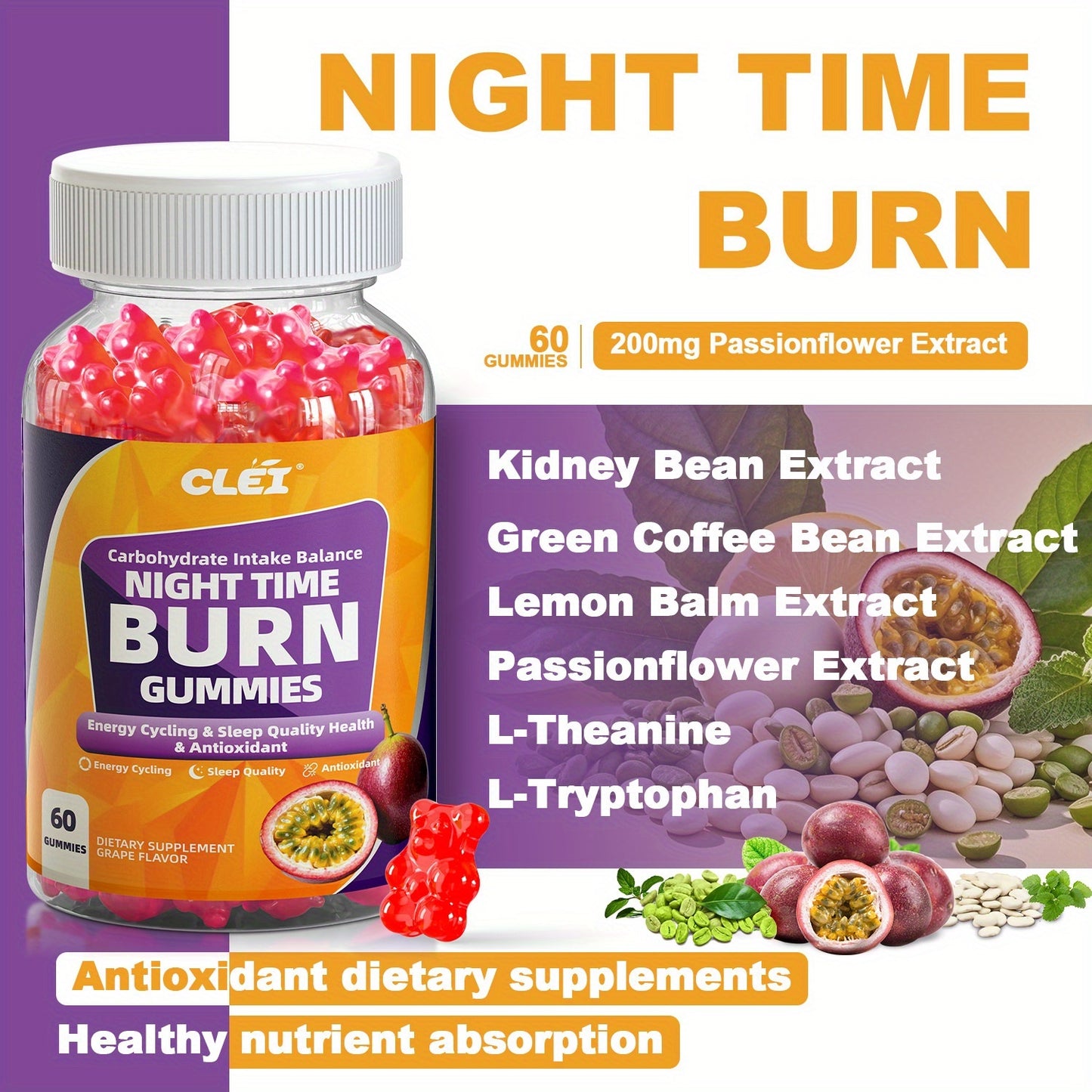 CLEI-NIGHT TIMEBURN Antioxidant Gummies with White Kidney Bean Extract, Green Coffee Bean Extract, Lemon Balm, Melatonin & Passionflower - 60 Gummies for Sleep Aid, Mood Support & Nighttime Digestion, Gentle Nighttime Formula