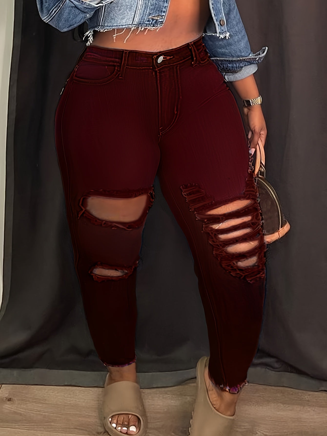 Y2K Women's High Elasticity Mid-Rise Ripped Skinny Jeans with Butt Lift - Plus Size Cropped Denim Pants, Stretchy Streetwear Style for All-Season Wear, Trendy Casual Outfit, Solid Color Design