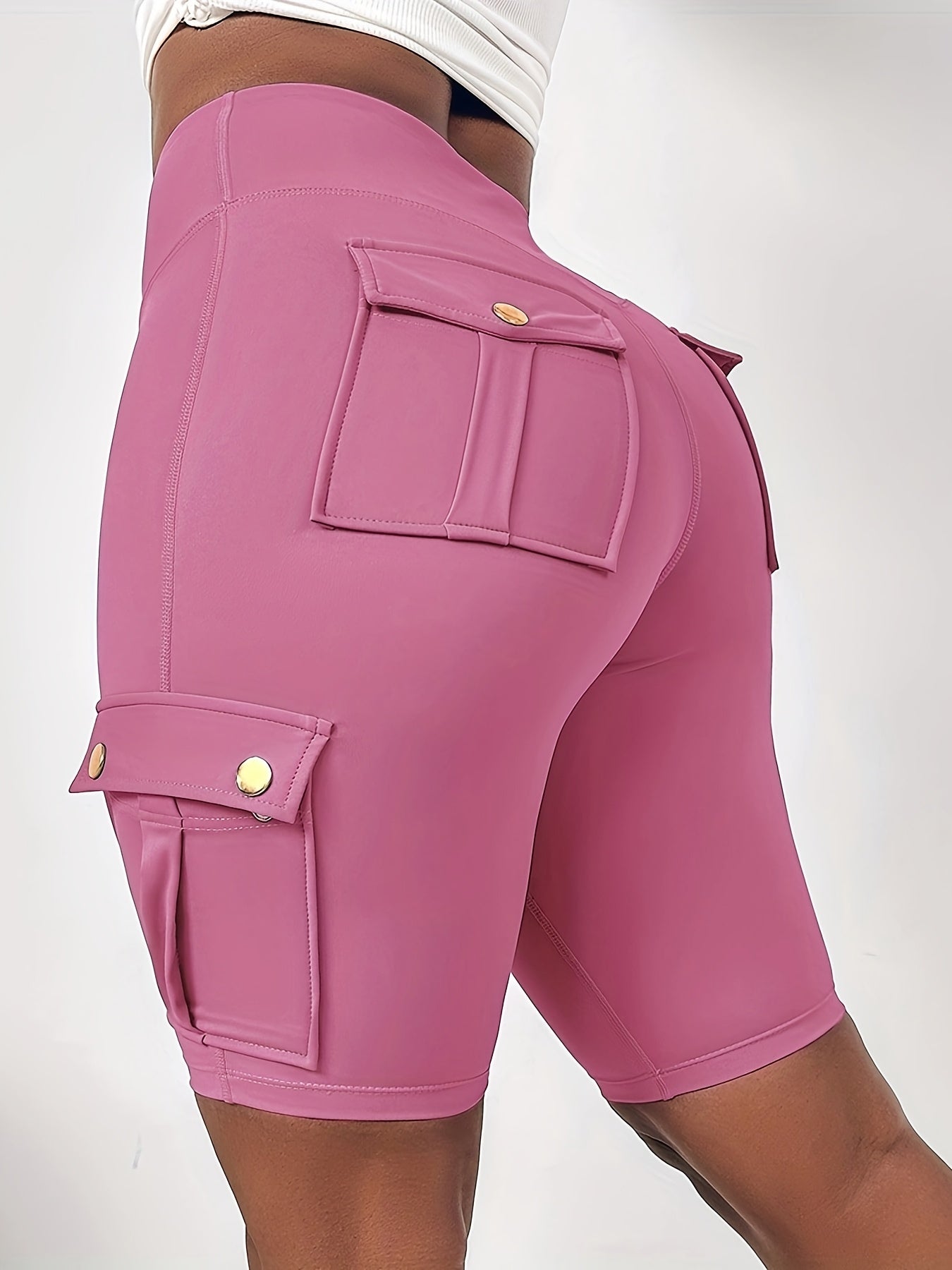 Women's High-Waisted Tummy Control Butt-Lifting Shorts with Flap Pockets - Breathable Summer & Casual Bermuda Cargo Shorts, Machine Washable Solid Black, High Waisted Shorts