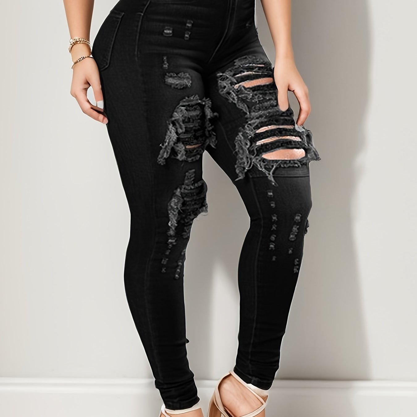 Ripped High Waisted High Stretch Tight Jeans, Comfortable Casual Jeans, Suitable For Daily Wear, Women's Jeans And Clothing