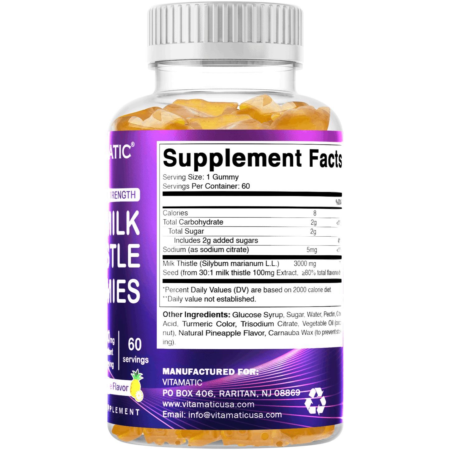 Vitamatic Milk Thistle Gummies - 3000 mg Equivalent - Min. 80% Silymarin Flavonoids - 60 Pectin Based Gummie