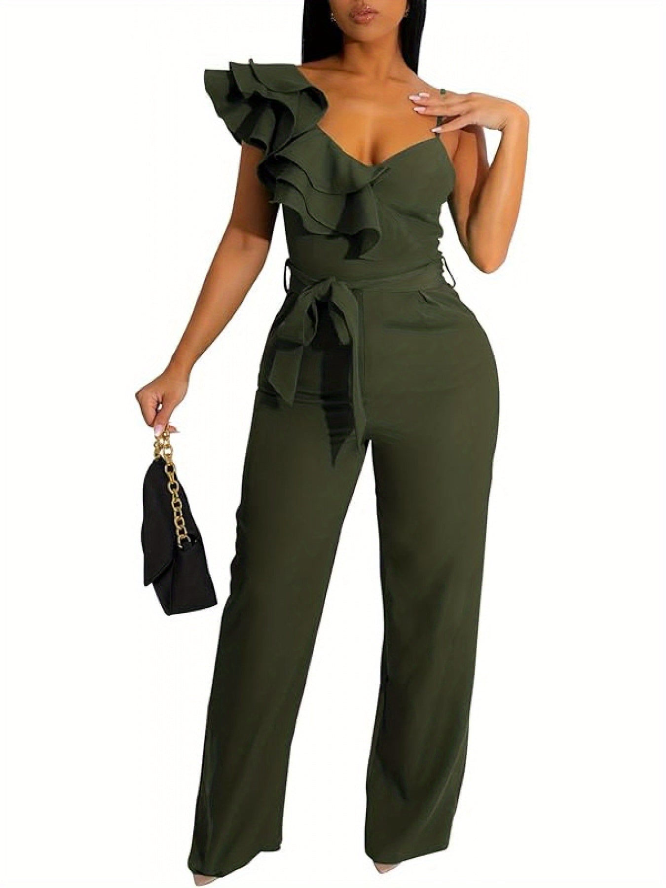 Women'S Casual Jumpsuit V Neck Sleeveless One Shoulder Ruffle Halter Backless Drawstring Wide Leg Pants Sexy Bodysuit Party Club Costume