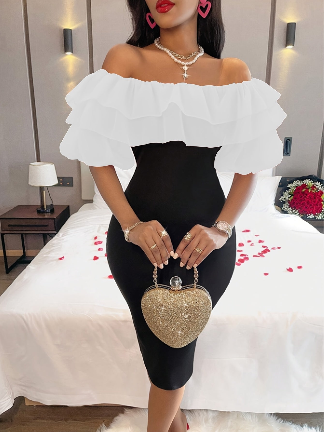 Women's Elegant Off-the-Shoulder Stretch Bodycon Dress with High Slit & Layered Ruffles - Solid Black, Machine Washable, All-Season Versatile for Casual to Formal Occasions, Evening Wear, Feminine Chic Style, Sleek Silhouette