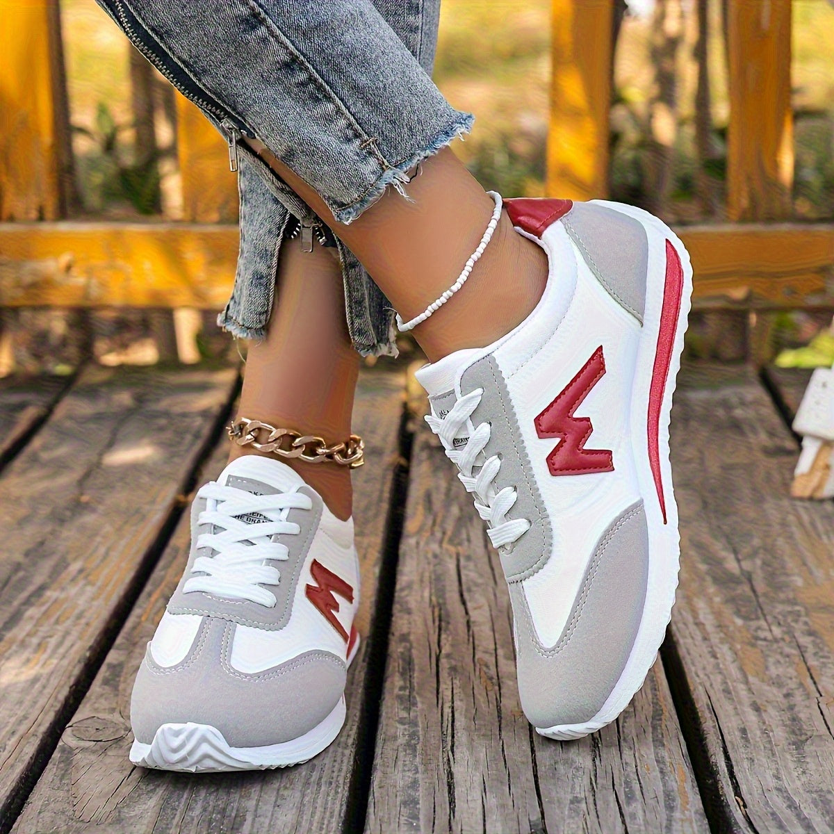 Women'S Lightweight Casual Sneakers, Fashionable White with Black, Red, Yellow, Green, and Navy Blue Accents, EVA Sole Running Shoes, Lace-up, Low-cut Design, Suitable for All Seasons