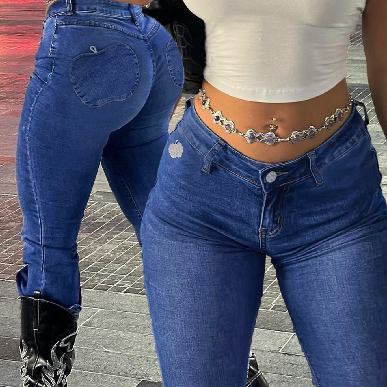 Women'S Y2K Streetwear Low-Rise Flare Jeans - Stretch Denim with Geometric Pocket Design, Long Length, Black & White Contrast, All-Season Comfort Fit, Streetwear Fashion | Y2K Fashion | Stretch Denim Jeans