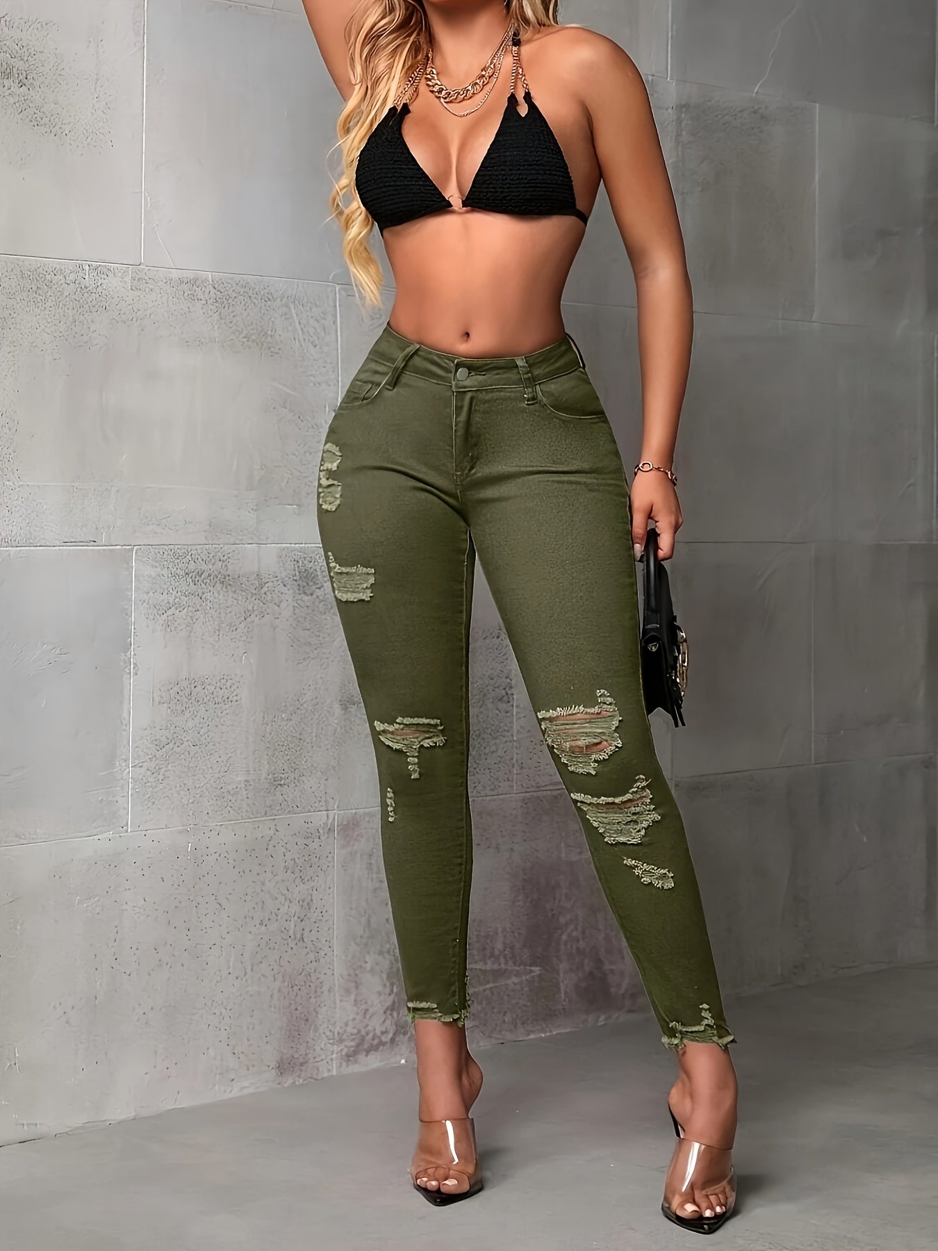 Military Green High-waisted Ripped Frit Skinny Jeans, Slim And to Instantly Transform Into Long Legs, Fashionable And Versatile Casual Skinny Jeans, Women's Skinny Jeans