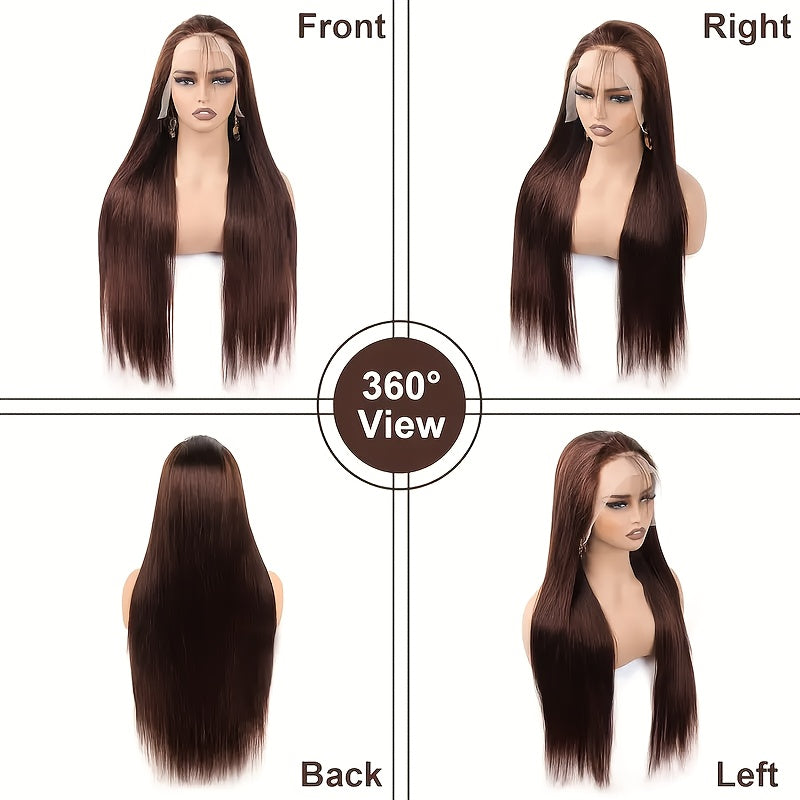 Chocolate Brown Straight Lace Front Wig - 13x4 HD Transparent Human Hair, 200% Density, Pre-Plucked with Baby Hair, Glueless Design for a Sleek, Natural Look