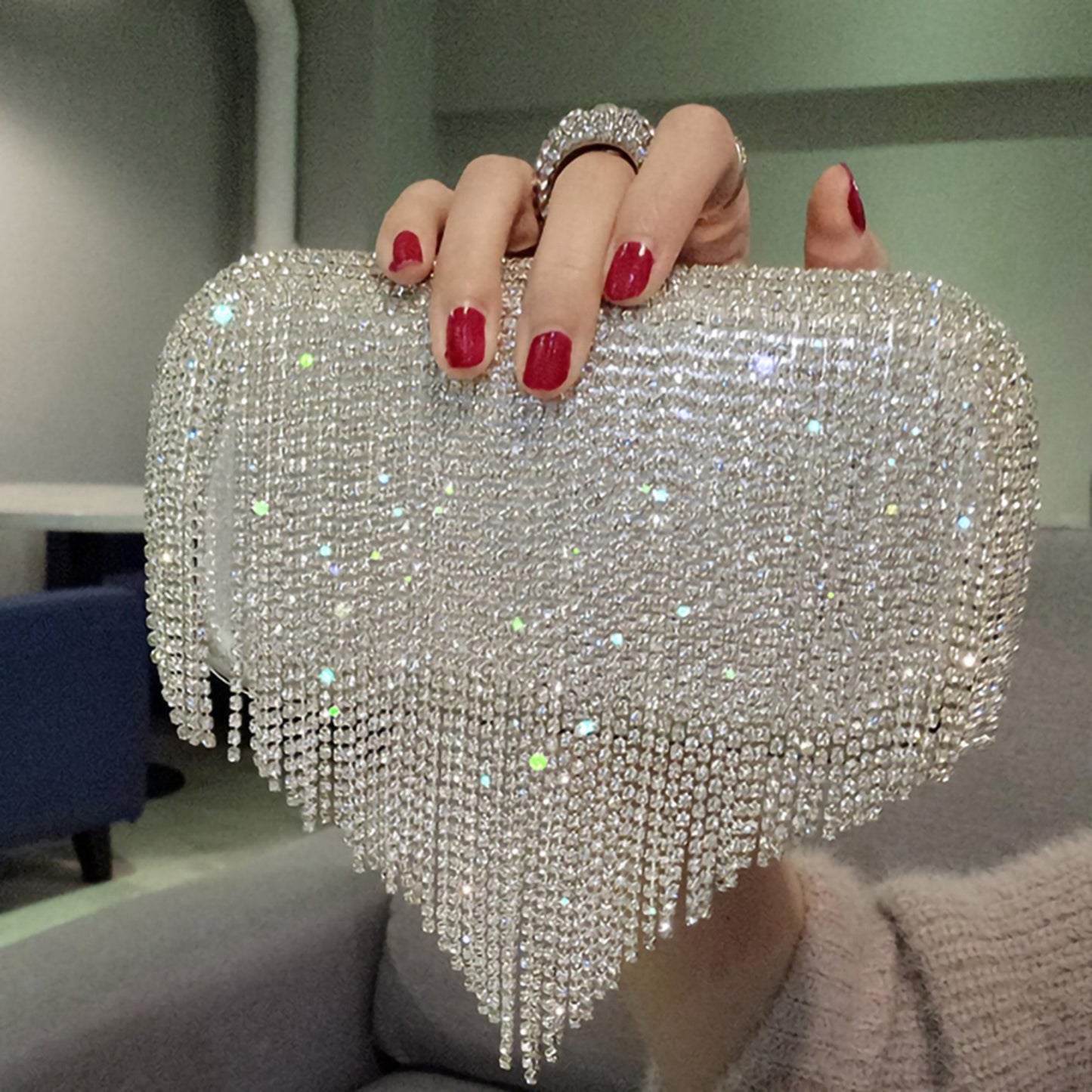 Female Evening Bag, Small Portable Rhinestone Tassels Handbag Purse Nice Gift for Women, Silvery/Golden/Black
