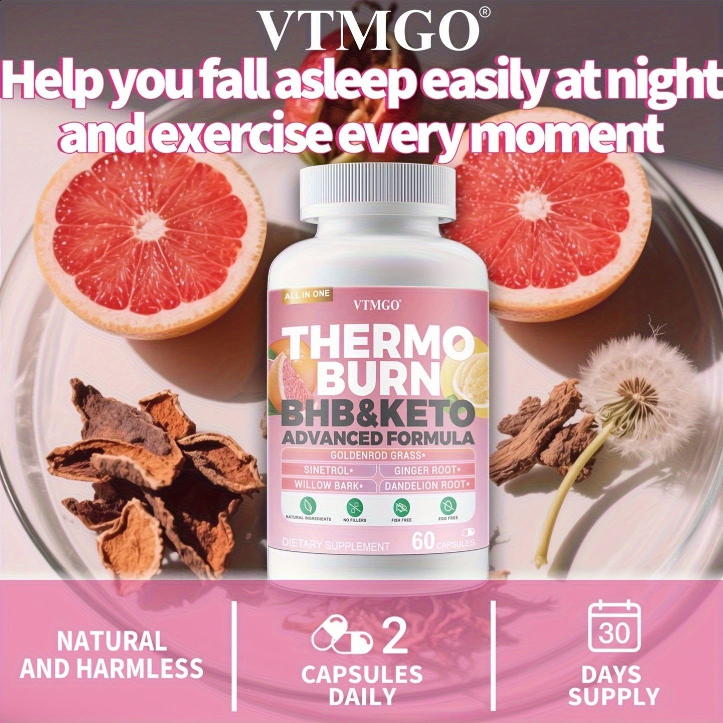 THERMO BURN Capsules Contain Caffeine, Flavonoids, Ginger Root, And Dandelion Root. Natural Ingredients Can Help You Maintain Your Figure And Help Through Metabolism - VTMGO