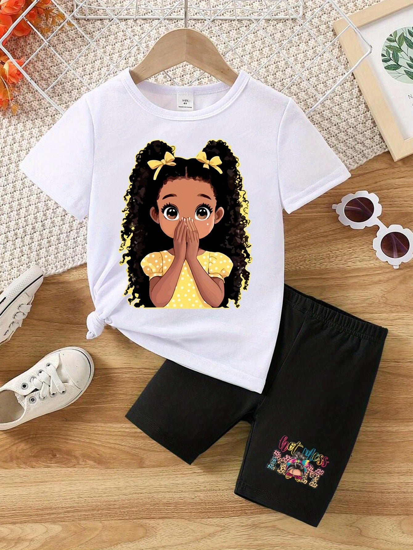 2pcs Toddler Girl Summer Outfit Cartoon "Girl in Yellow Dress" Print T Shirt Top and Casual Shorts Set Cute Infant Short Sleeve Clothes 1-6 Years Old, Perfect for Outdoor