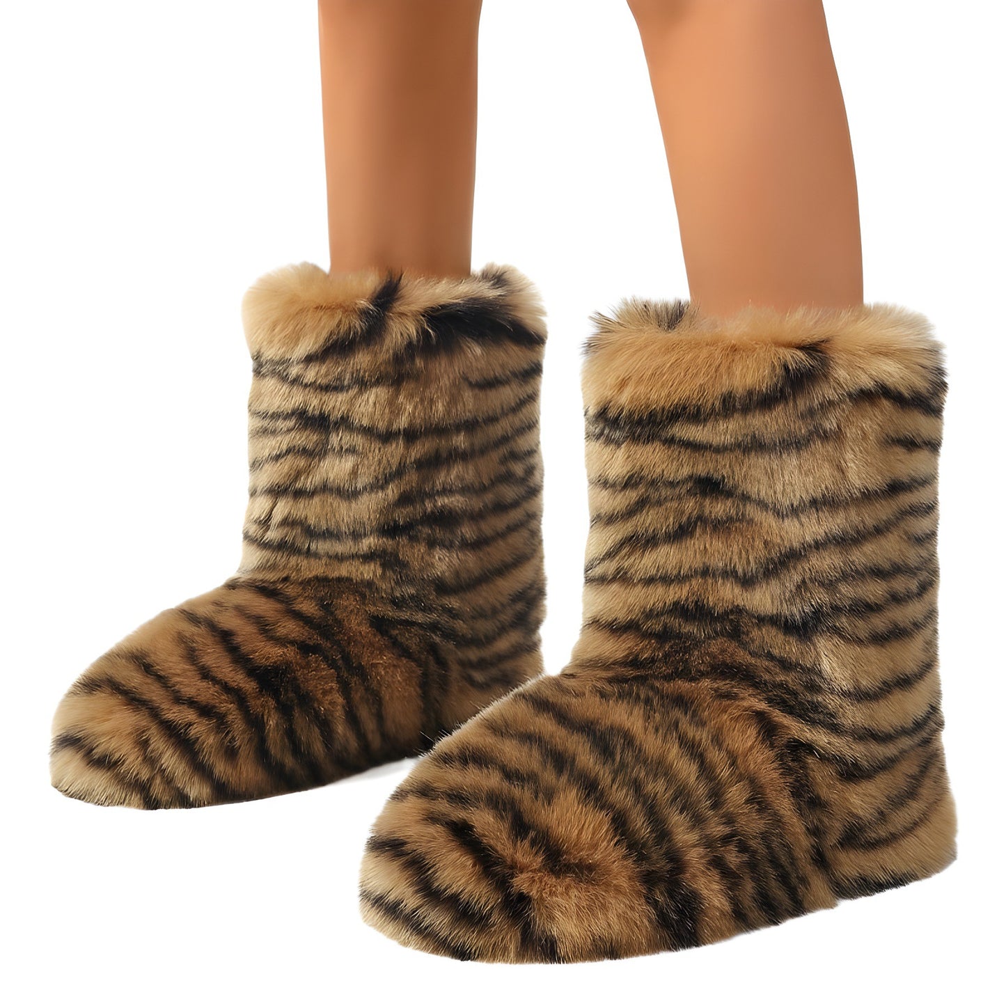 Kpop Winter Boots with Thick Sole & Leopard Print - Faux Fur Warm Round-Toe Slippers | Y2K Stage Outfits, Concert Footwear, Rubber Outsole for K-Drama Fashion (Microfiber Upper/ Cushioning)
