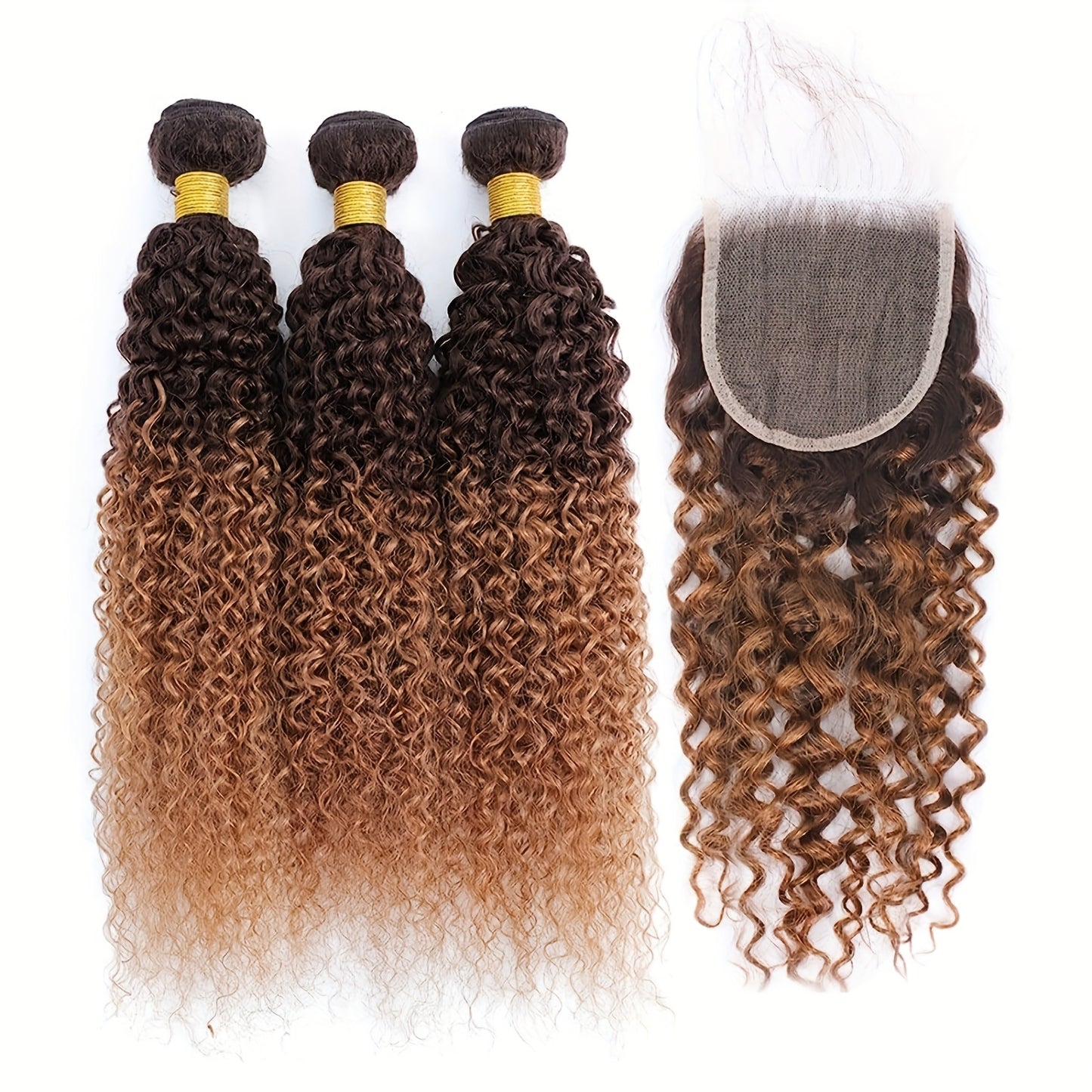 3 Bundles Brazilian Virgin 100% Unprocessed Human Hair Extensions - 4x4 Lace Closure, Ombre Color (T4/30 Medium Brown/Reddish Brown), Curly Wave Texture for Women, All Ethnicities, Natural Look & Versatile Styling, Realistic