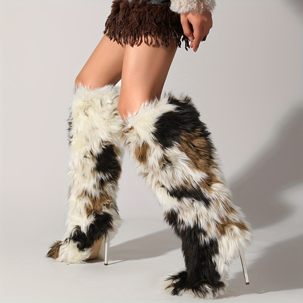 Women'S Faux Fur Knee-High Boots with Kitten Heel - Furry Fluffy Pointed Toe Winter Comfy Plush Warm Boots