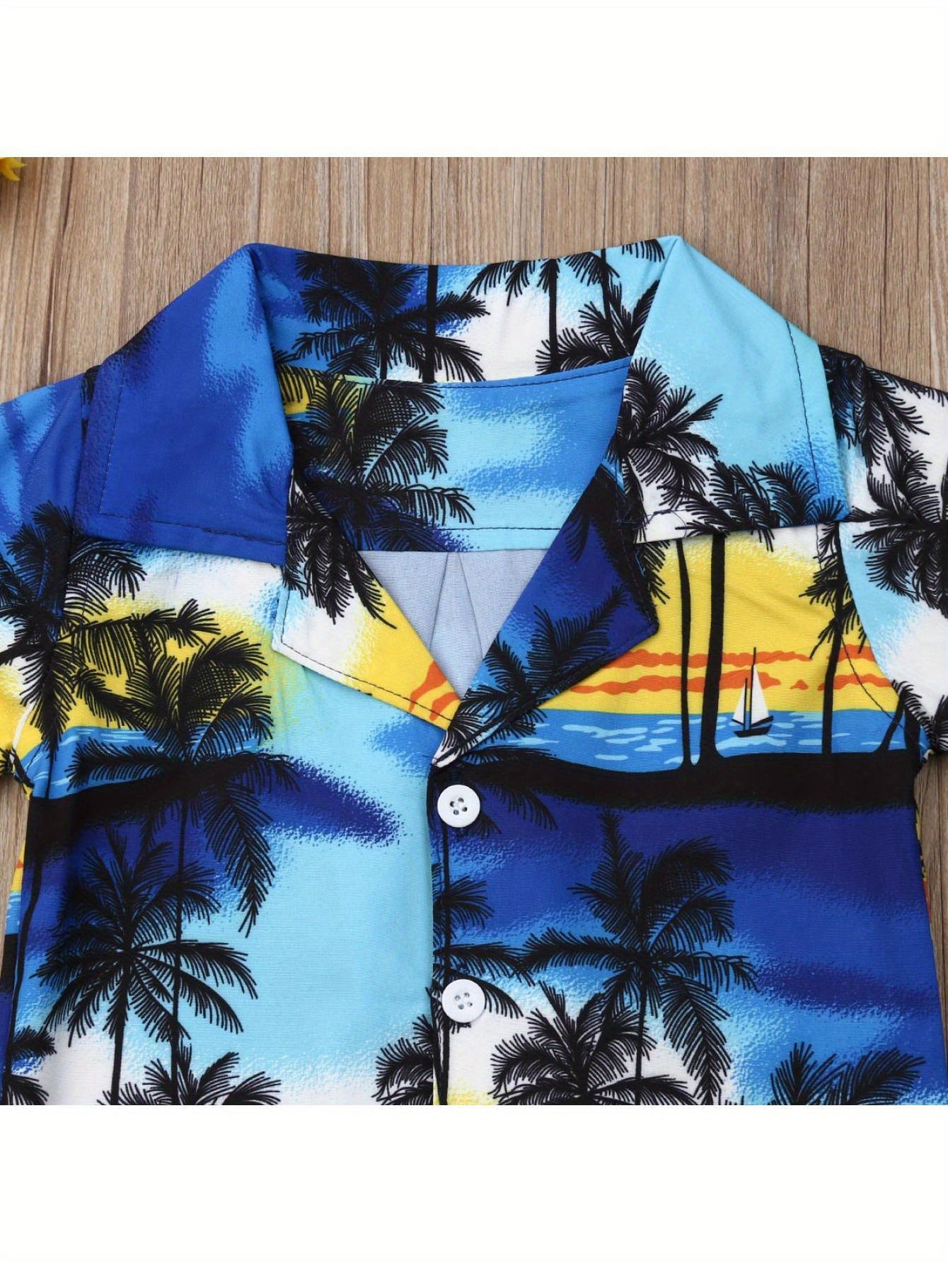 Toddler Baby Boys 2pcs SummerOutfits Tree Print Button Shirt Short Sleeve Tops + Elastic Waist Short Pants Set Vocation Holiday Beach Clothes, for Outdoor