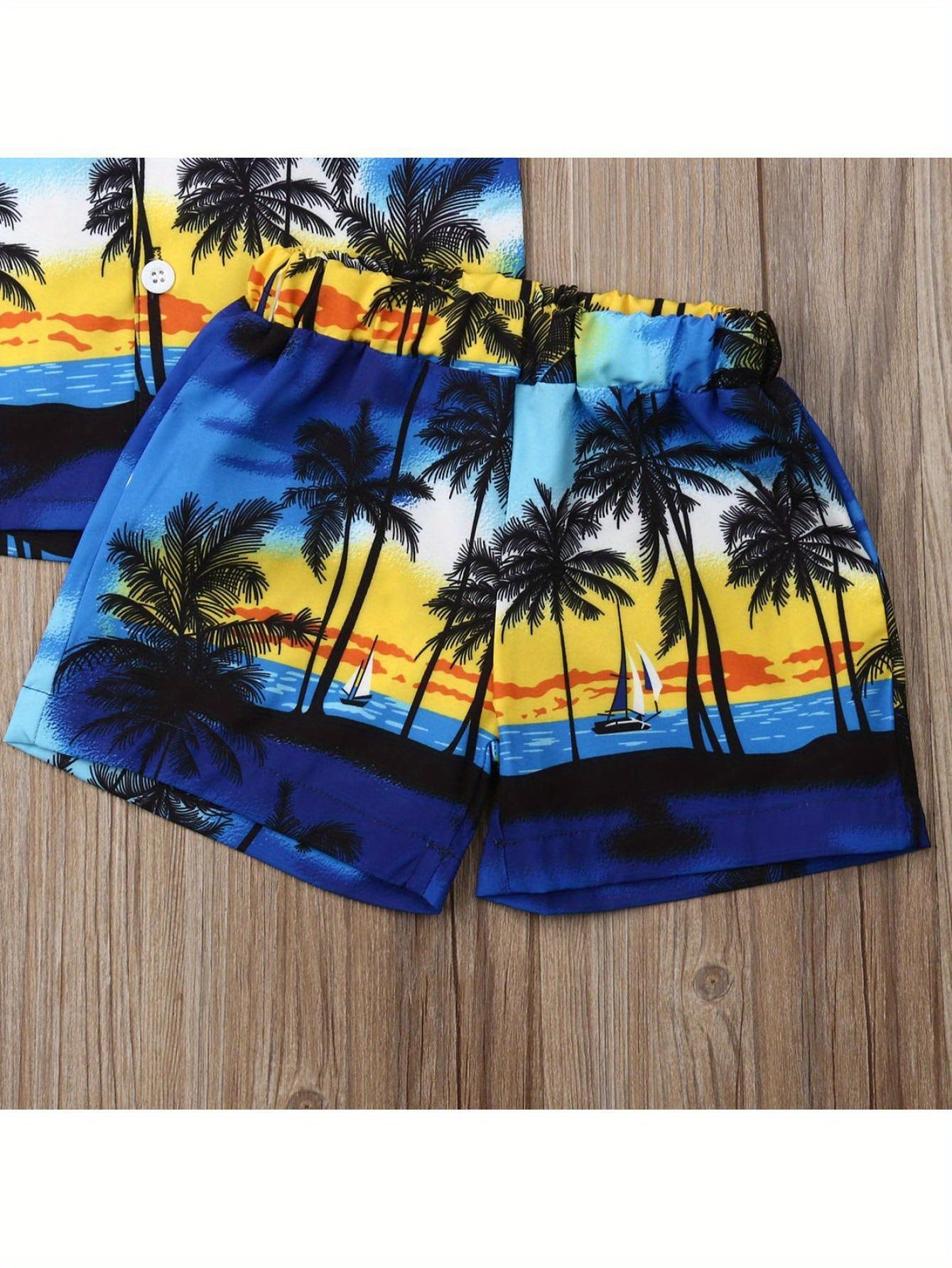 Toddler Baby Boys 2pcs SummerOutfits Tree Print Button Shirt Short Sleeve Tops + Elastic Waist Short Pants Set Vocation Holiday Beach Clothes, for Outdoor