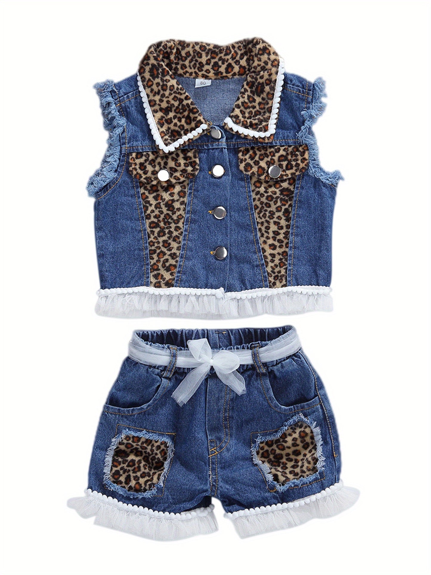 Girlacute;s Summer Outfit Sets Sleeveless Leopard Print Denim Top + Leopard Print Denim Shorts, Perfect for Outdoor