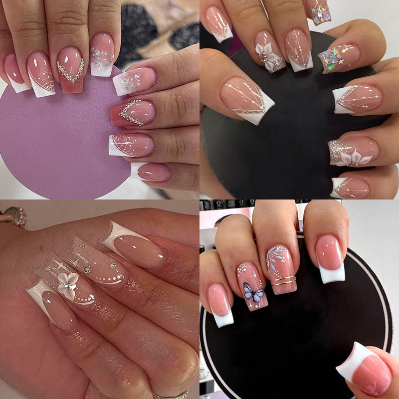 96pcs, 4 Sets of Medium Square Pressed Nail Fake Nails, Glossy Nail Glue, White Acrylic Nails, Spring Flower Patterns, Artificial Nails, Summer Shiny Fake Nail Design