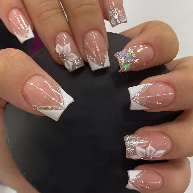 96pcs, 4 Sets of Medium Square Pressed Nail Fake Nails, Glossy Nail Glue, White Acrylic Nails, Spring Flower Patterns, Artificial Nails, Summer Shiny Fake Nail Design